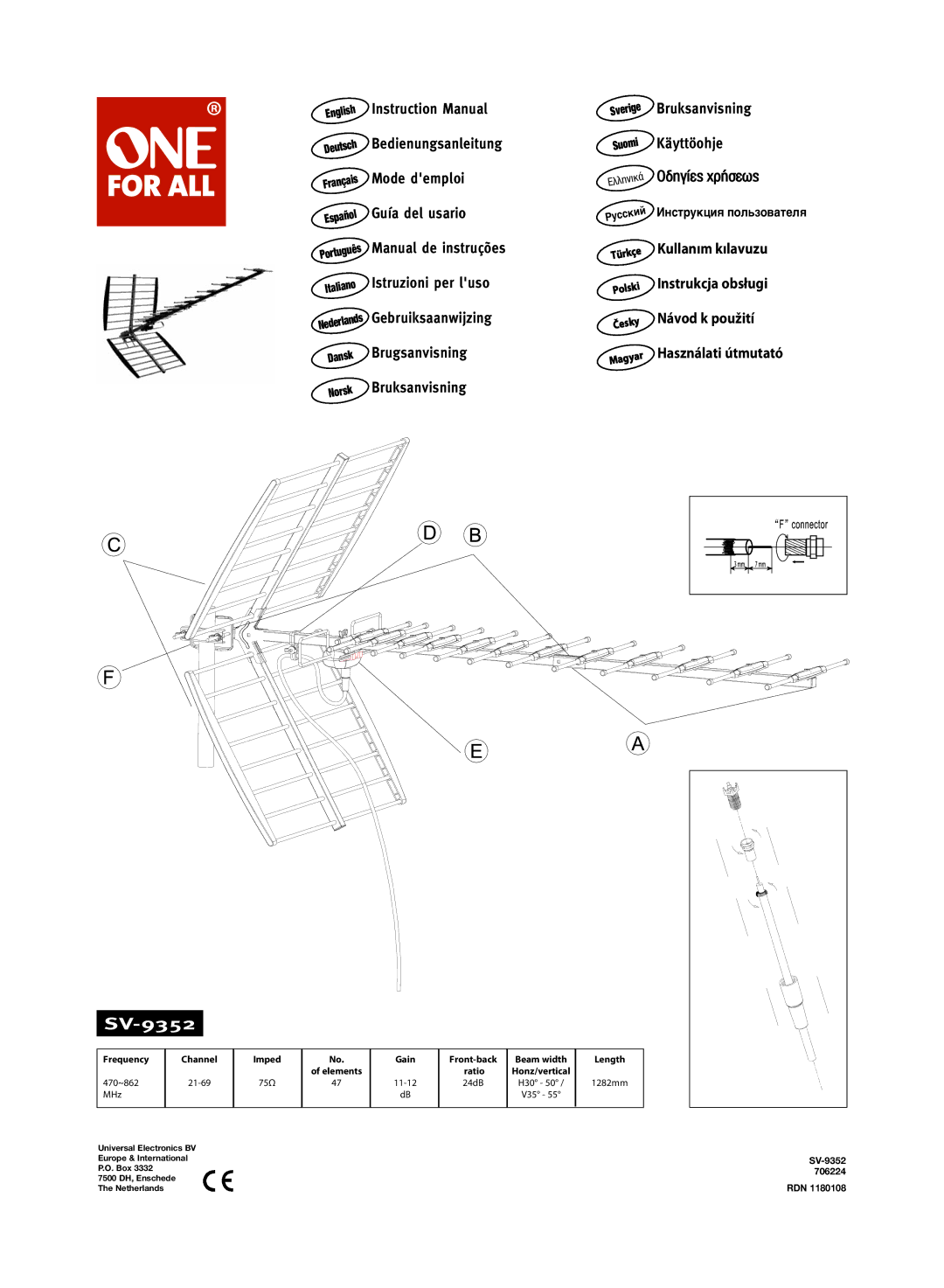 One for All 706224 instruction manual SV-9352 