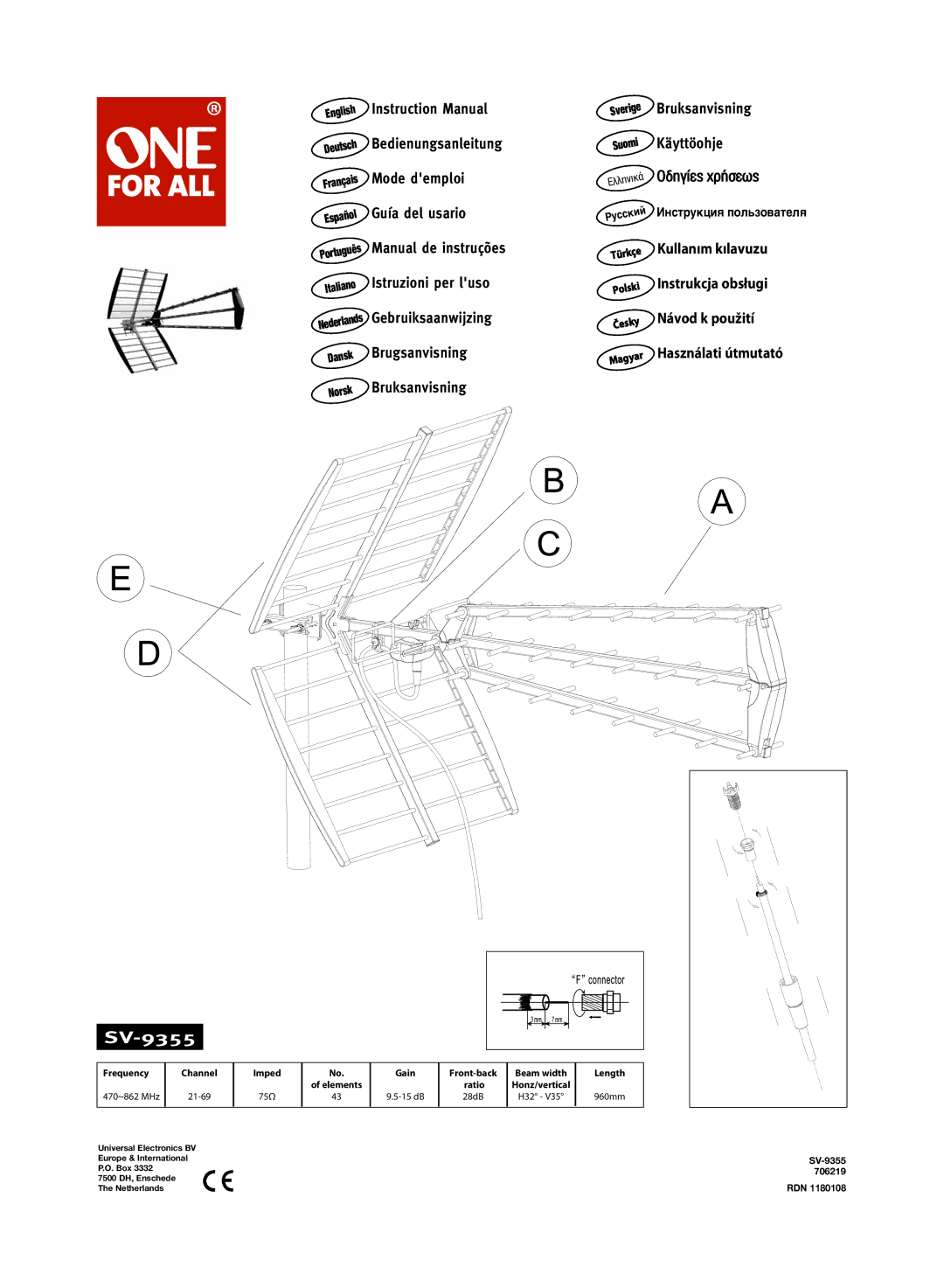 One for All 706219 instruction manual SV-9355 