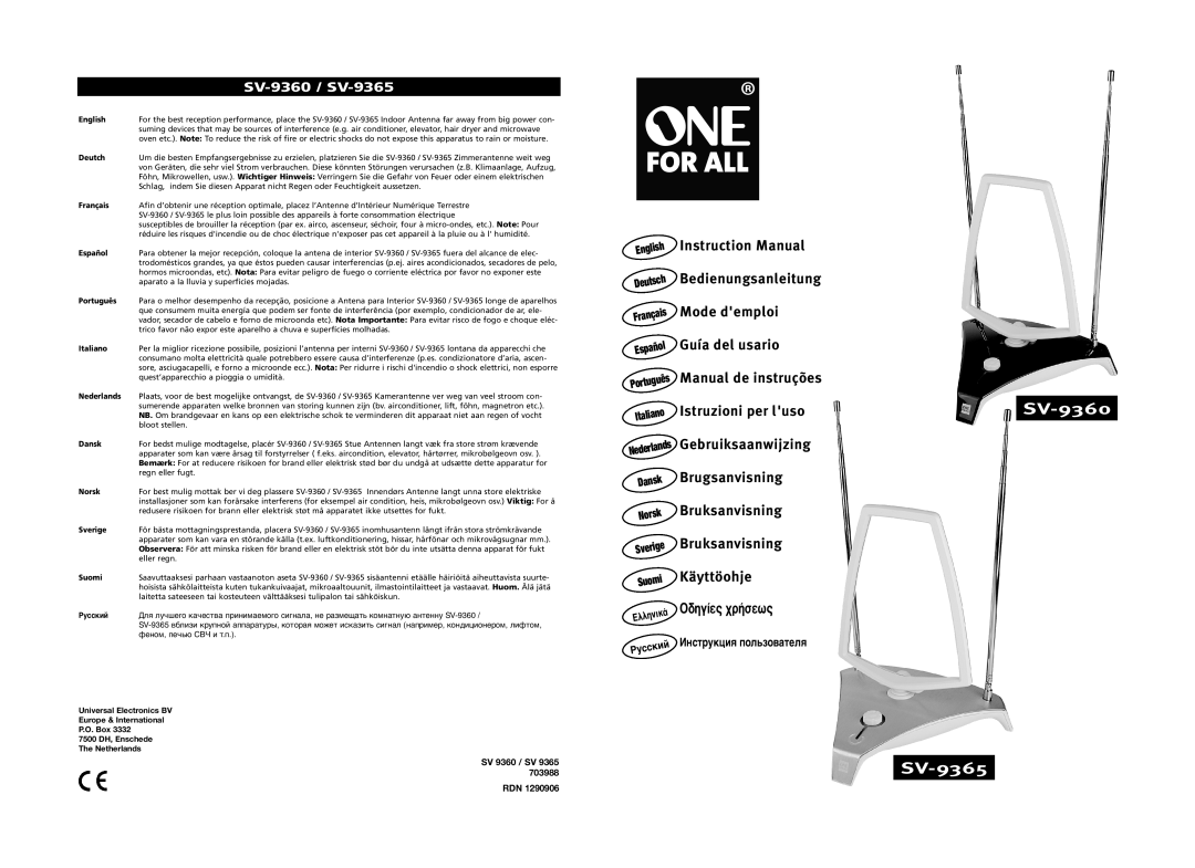 One for All 703988 instruction manual SV-9360 SV-9365, SV-9360 / SV-9365 