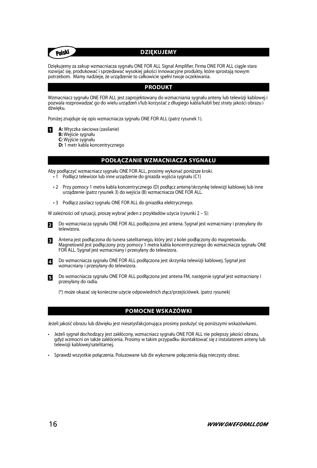 One for All SV-9510 instruction manual DZIĘKuJeMY, ProDuKt, PoDŁĄCZanIe WZMaCnIaCZa SYGnaŁu, PoMoCne WSKaZÓWKI 