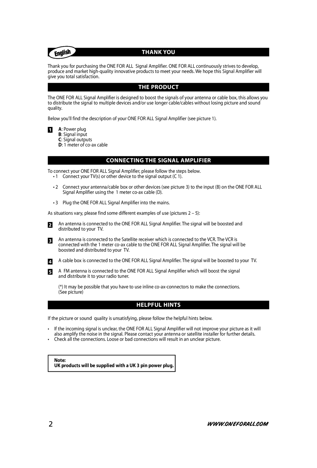 One for All SV-9510 instruction manual ThanK You, ProDuCt, ConneCtInG the SIGnal aMplIfIer, Helpful hIntS 