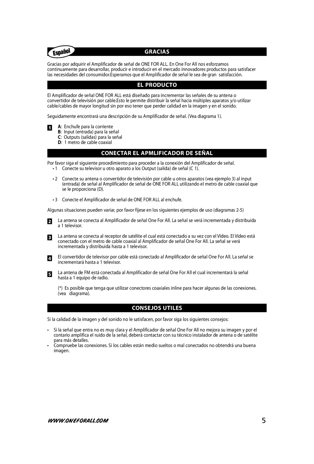 One for All SV-9510 instruction manual GraCIaS, El proDuCto, ConeCtar el apMlIfICaDor De SeÑal, ConSeJoS utIleS 