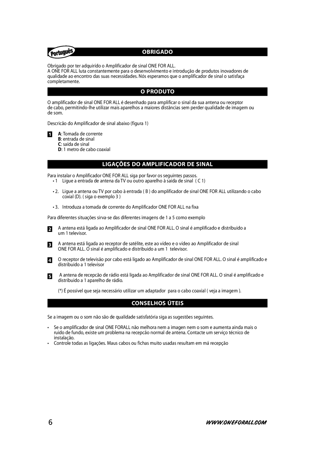 One for All SV-9510 instruction manual OBrIGaDo, ProDuto, LIGaÇÕeS Do aMplIfICaDor De SInal, ConSelhoS ÚteIS 