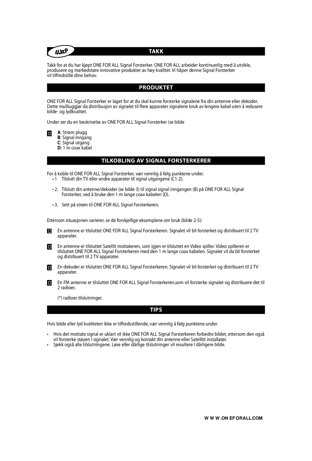 One for All SV-9520 instruction manual TaKK, TIlKoBlInG aV SIGnal forSterKerer, TIpS 