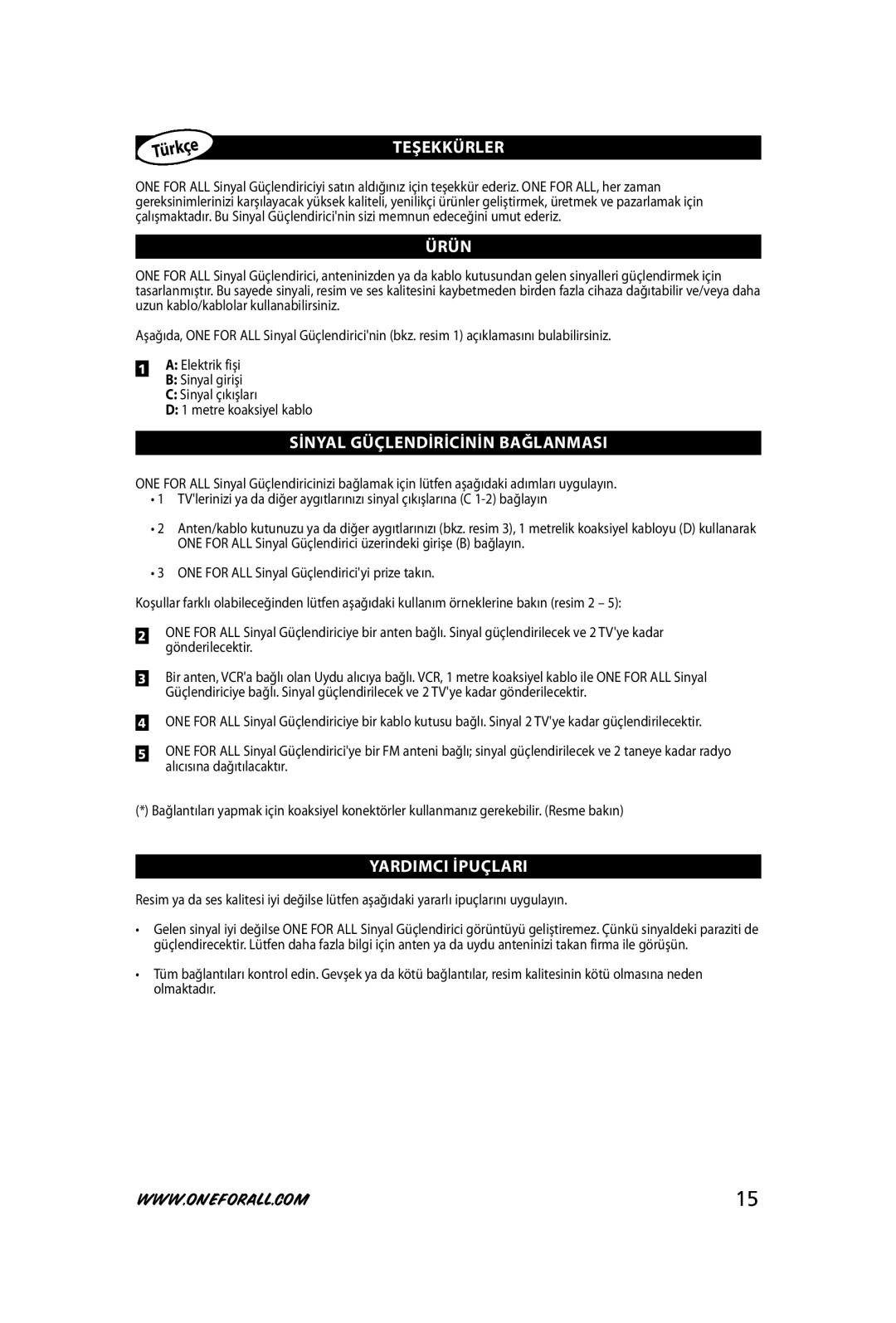 One for All SV-9520 instruction manual TeŞeKKÜrler, ÜrÜn, SİnYal GÜÇlenDİrİCİnİn BaĞlanMaSI, YarDIMCI İpuÇlarI 