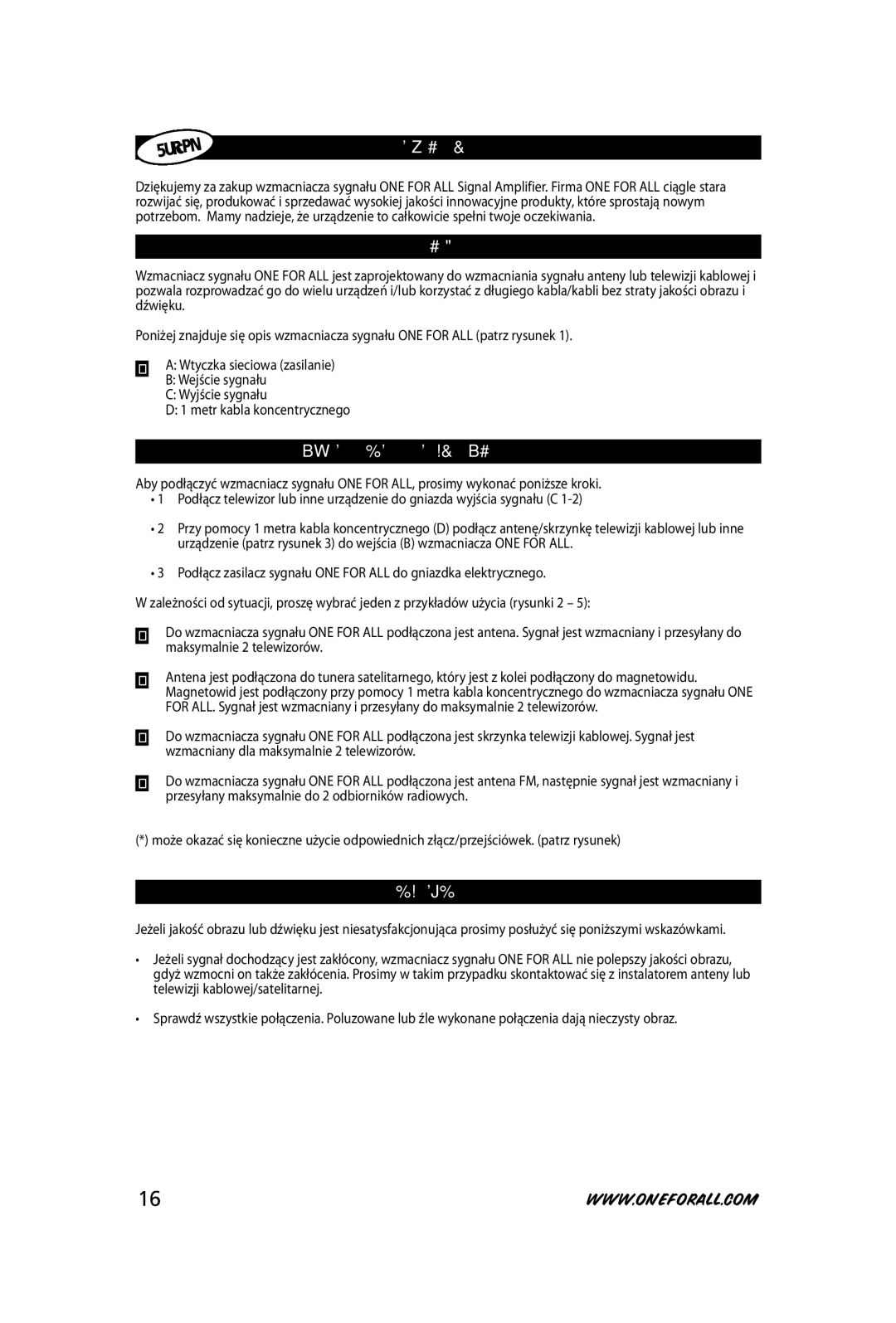 One for All SV-9520 instruction manual DzIĘKuJeMY, ProDuKt, PoDŁĄCzanIe WzMaCnIaCza SYGnaŁu, PoMoCne WSKazÓWKI 