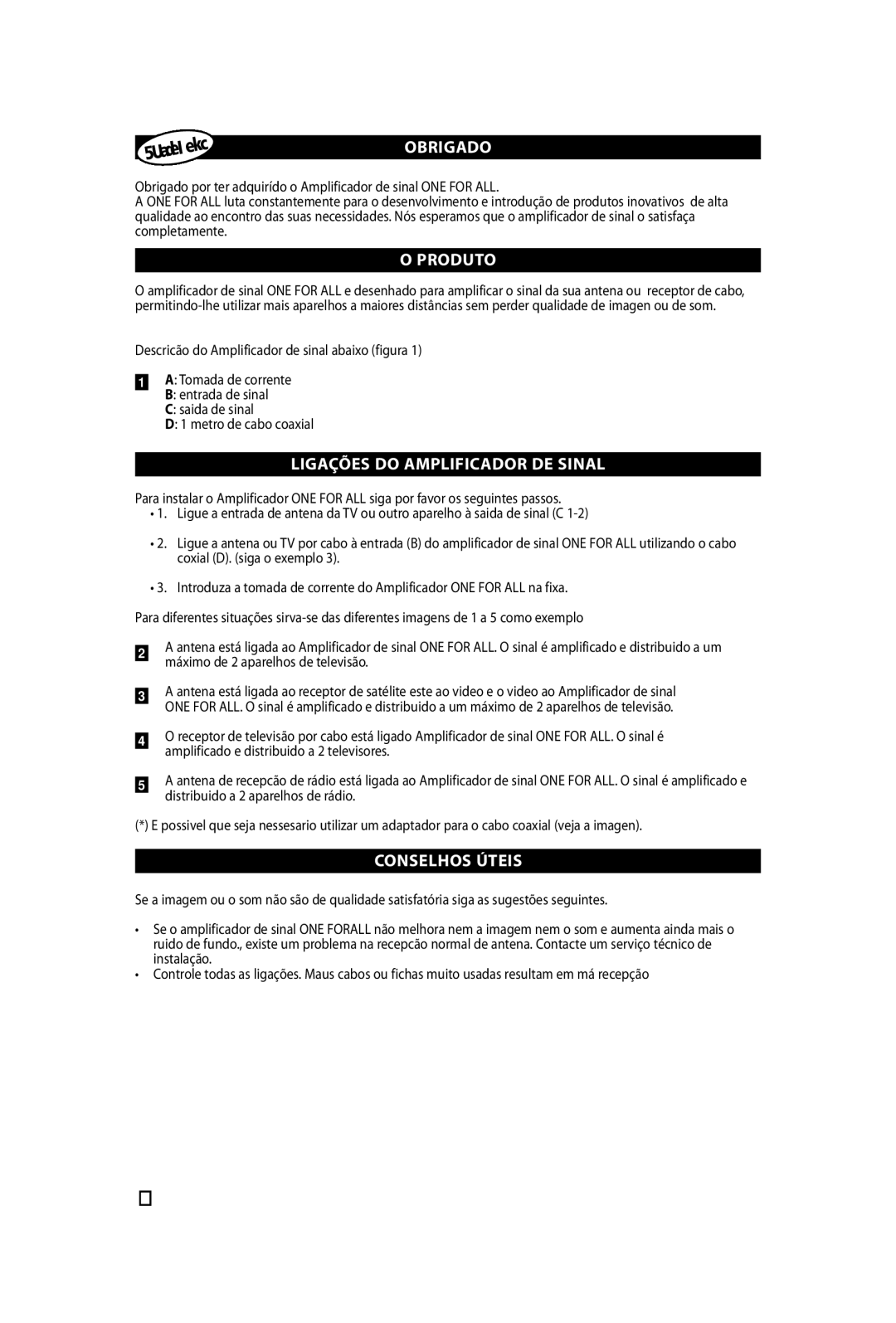 One for All SV-9520 instruction manual OBrIGaDo, ProDuto, LIGaÇÕeS Do aMplIfICaDor De SInal, ConSelhoS ÚteIS 