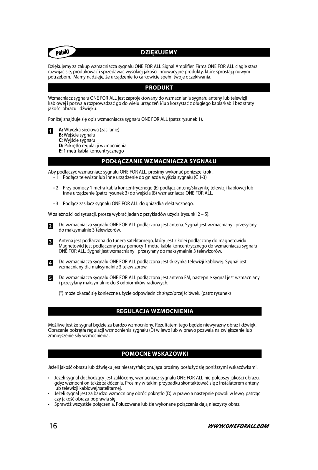 One for All SV-9530, 706082 DZIĘKuJeMY, ProDuKt, PoDŁĄCZanIe WZMaCnIaCZa SYGnaŁu, ReGulaCJa WZMoCnIenIa, PoMoCne WSKaZÓWKI 