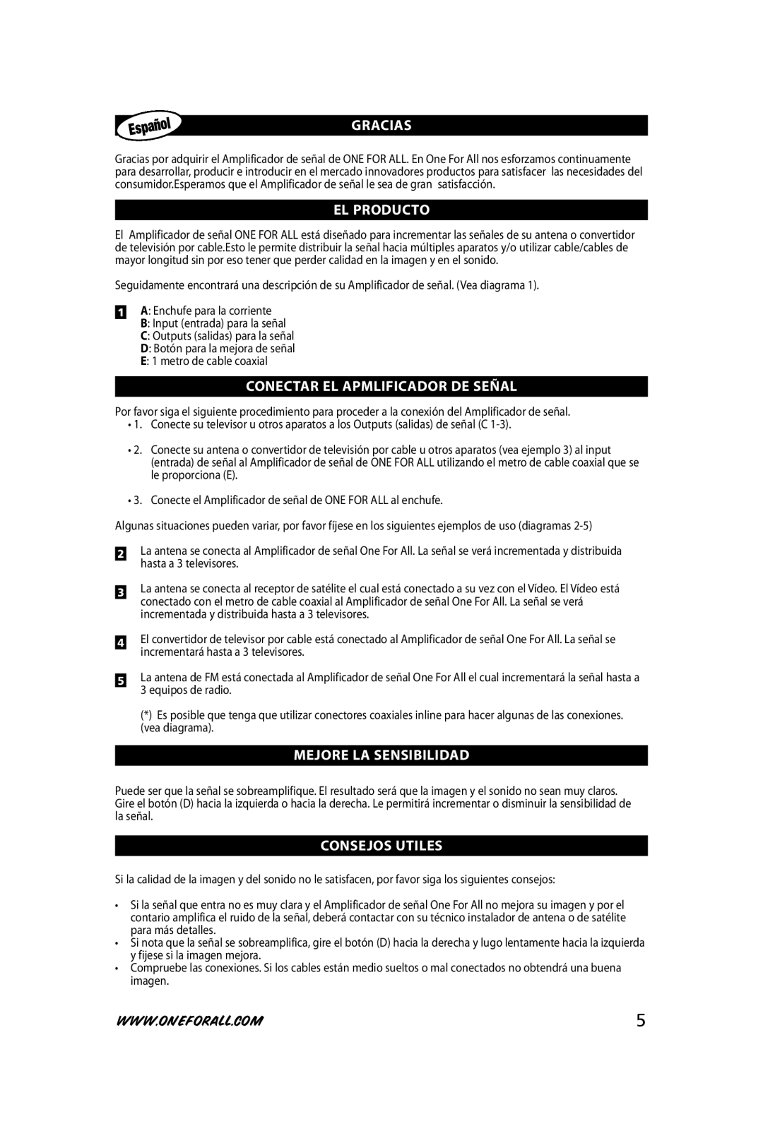 One for All 706082 GraCIaS, El proDuCto, ConeCtar el apMlIfICaDor De SeÑal, MeJore la SenSIBIlIDaD, ConSeJoS utIleS 