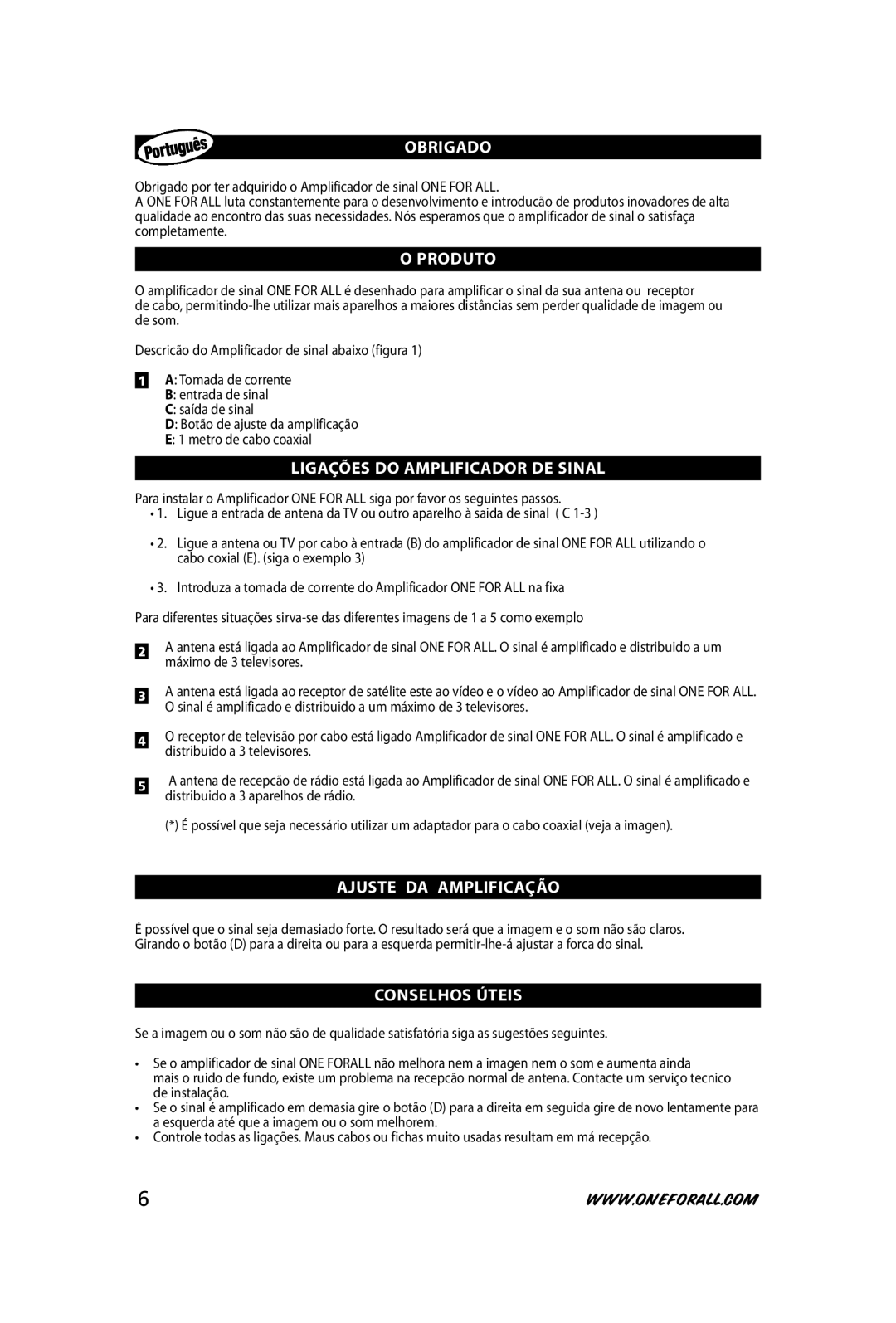 One for All SV-9530, 706082 OBrIGaDo, ProDuto, LIGaÇÕeS Do aMplIfICaDor De SInal, AJuSte Da aMplIfICaÇÃo, ConSelhoS ÚteIS 