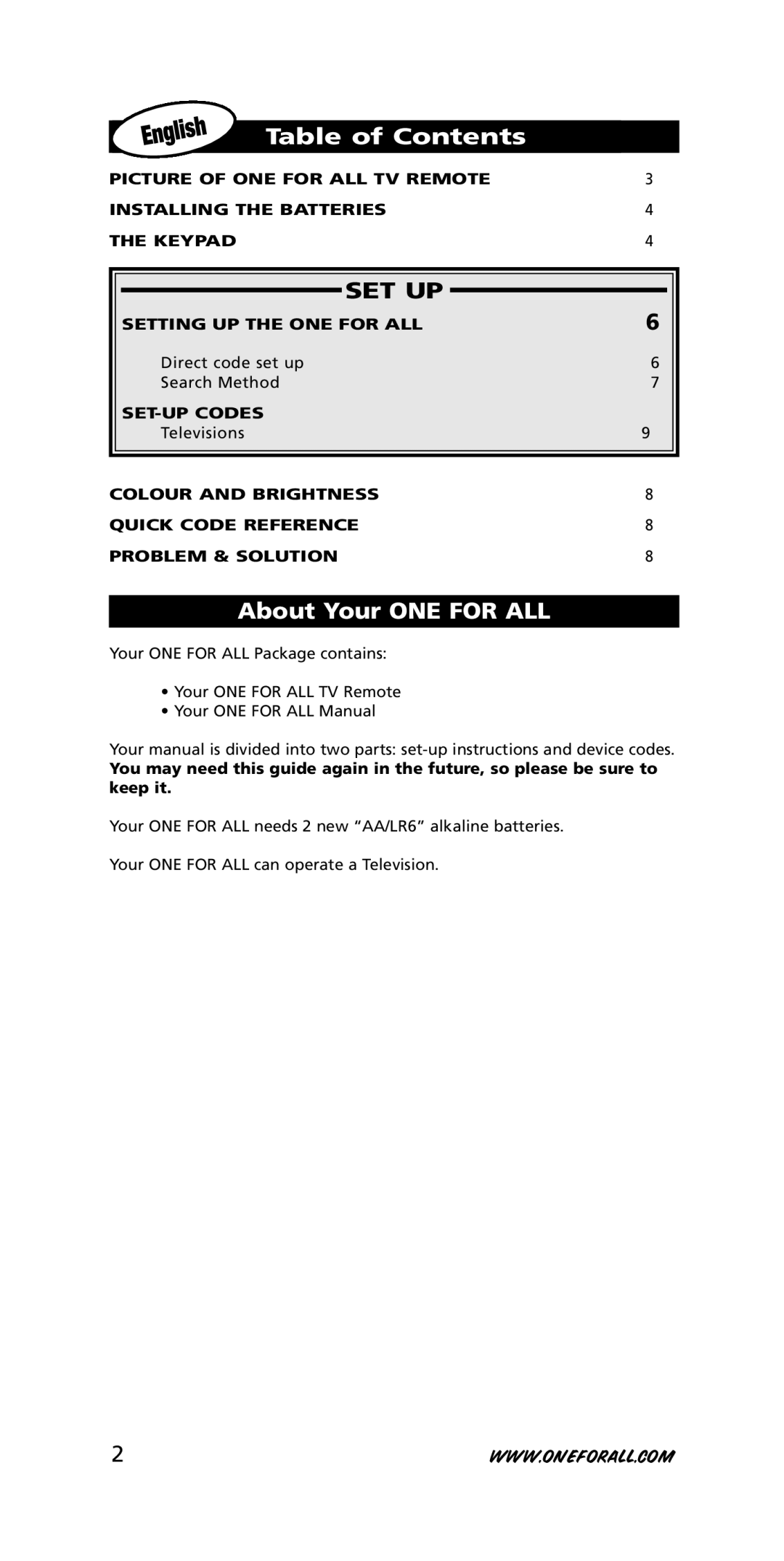 One for All Univeral Remote instruction manual Table of Contents, About Your ONE for ALL 
