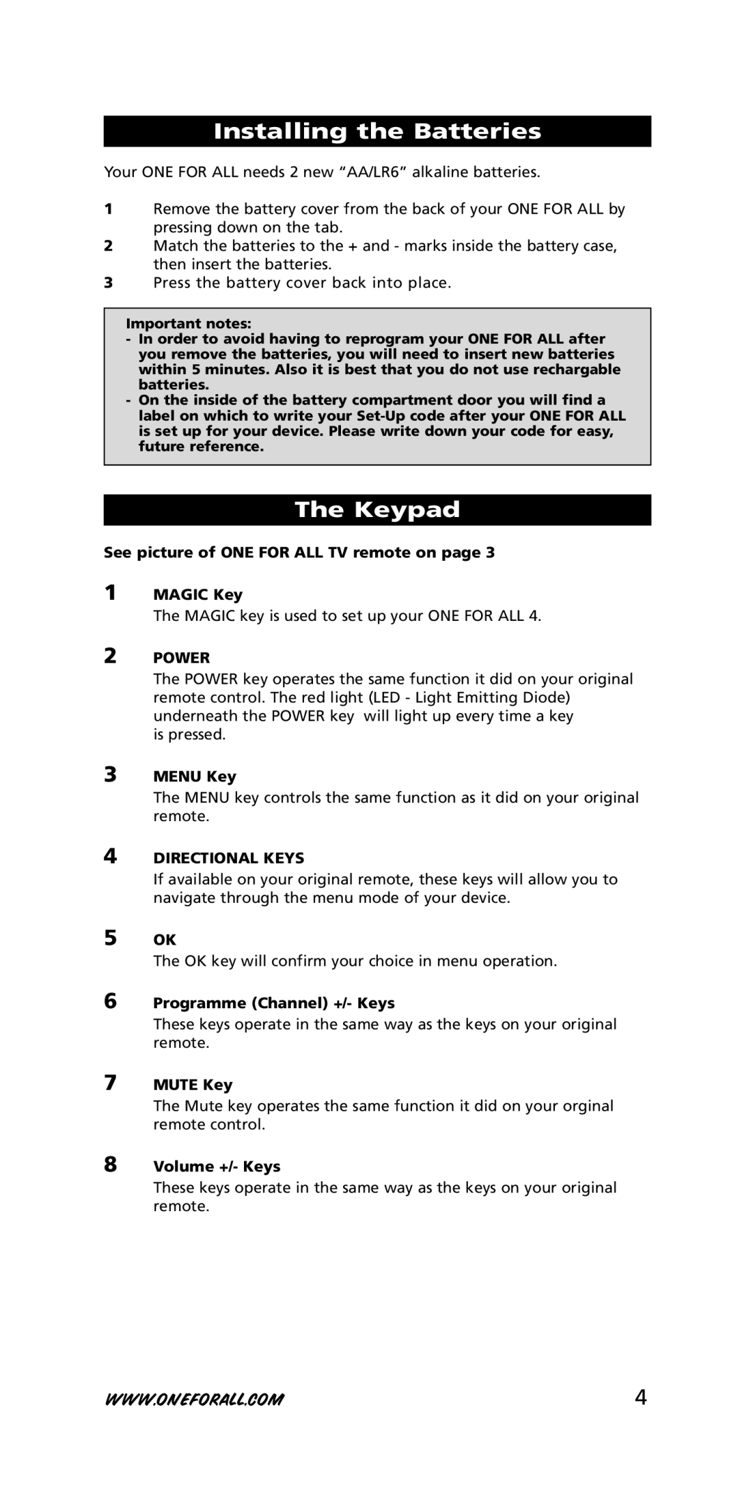 One for All Univeral Remote instruction manual Installing the Batteries, Keypad 