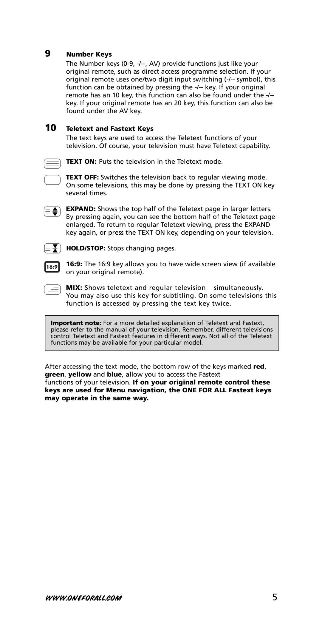 One for All Univeral Remote instruction manual Number Keys, Teletext and Fastext Keys 