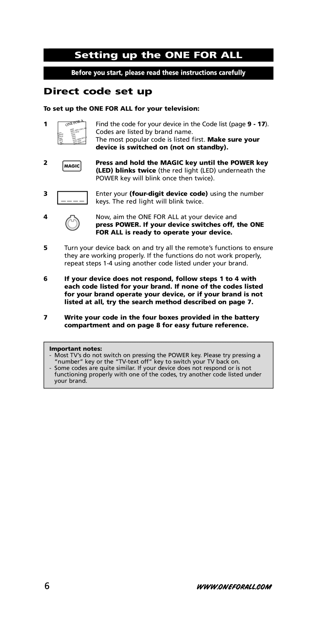 One for All Univeral Remote instruction manual Setting up the ONE for ALL, To set up the ONE for ALL for your television 