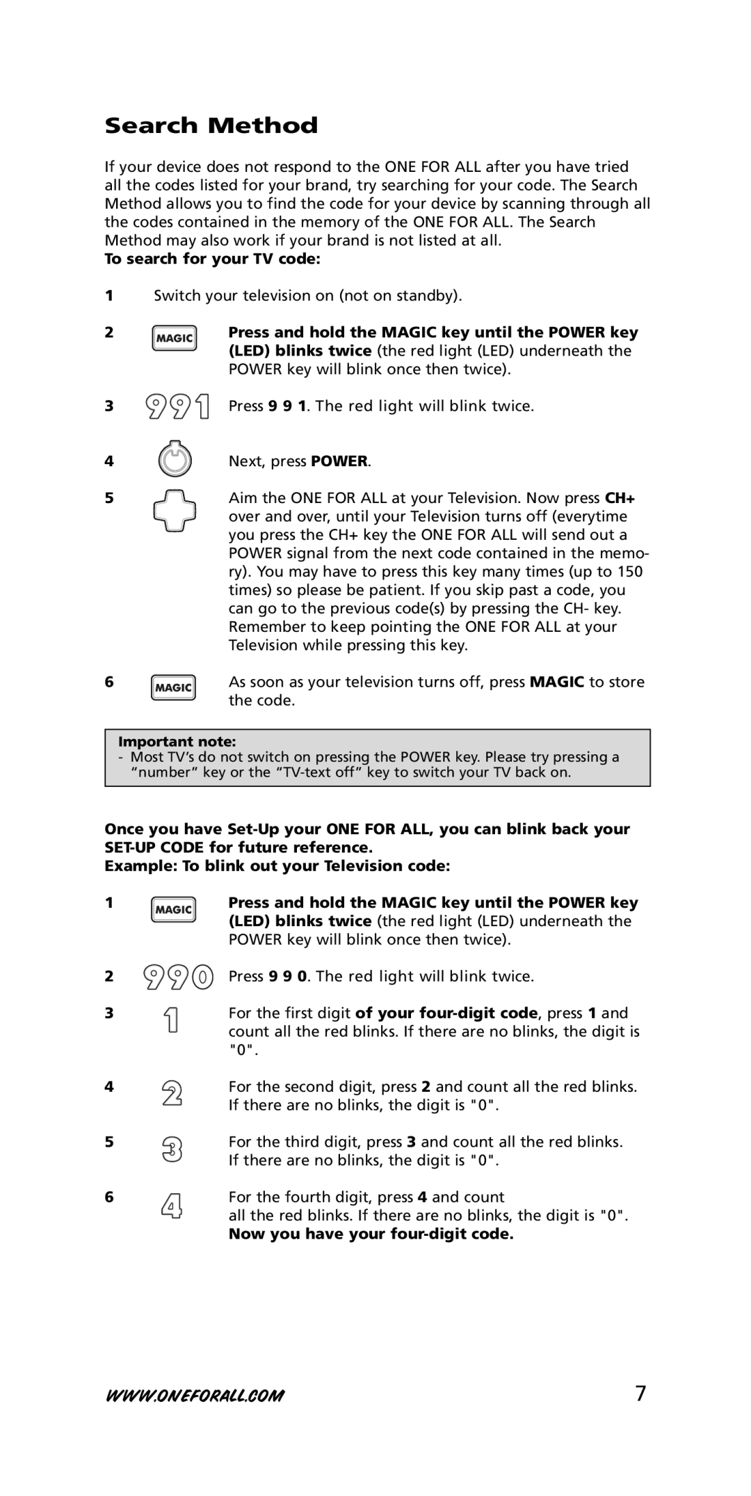 One for All Univeral Remote To search for your TV code, Important note, Now you have your four-digit code 