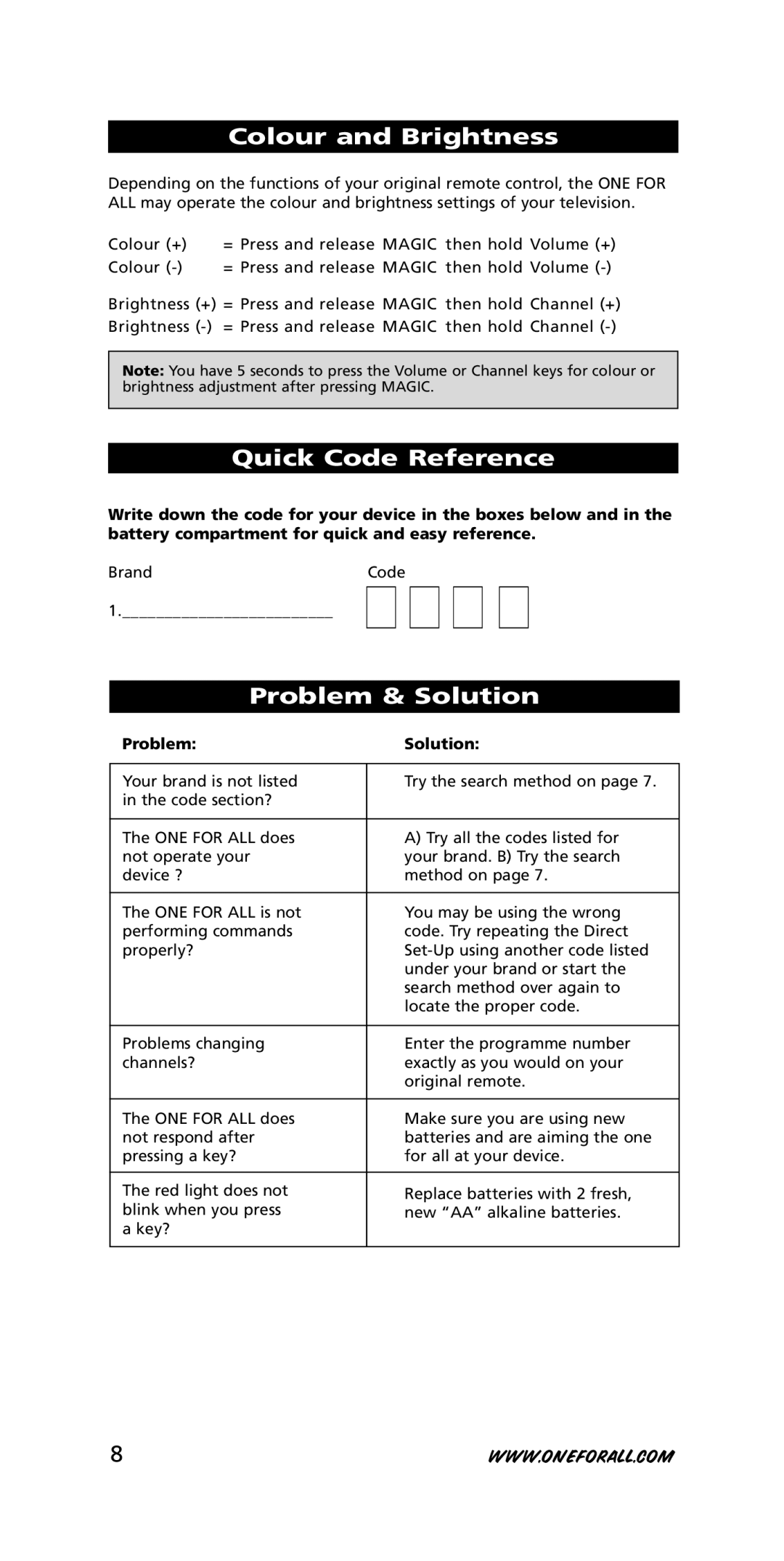 One for All Univeral Remote Colour and Brightness, Quick Code Reference, Problem & Solution, Problem Solution 