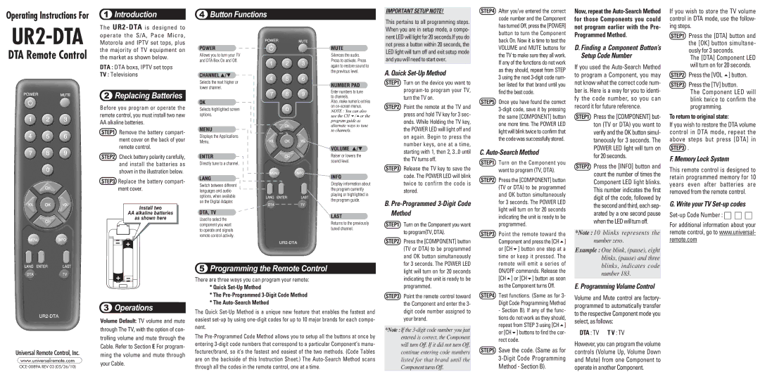 One for All UR2-DTA operating instructions Quick Set-Up Method, Pre-Programmed 3-Digit Code Method, Auto-Search Method 