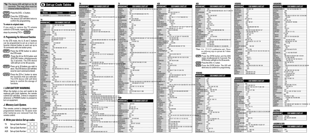 One for All UR4-DSR operating instructions Set-up Code Tables, Memory Lock System, Write your device Set-up codes 