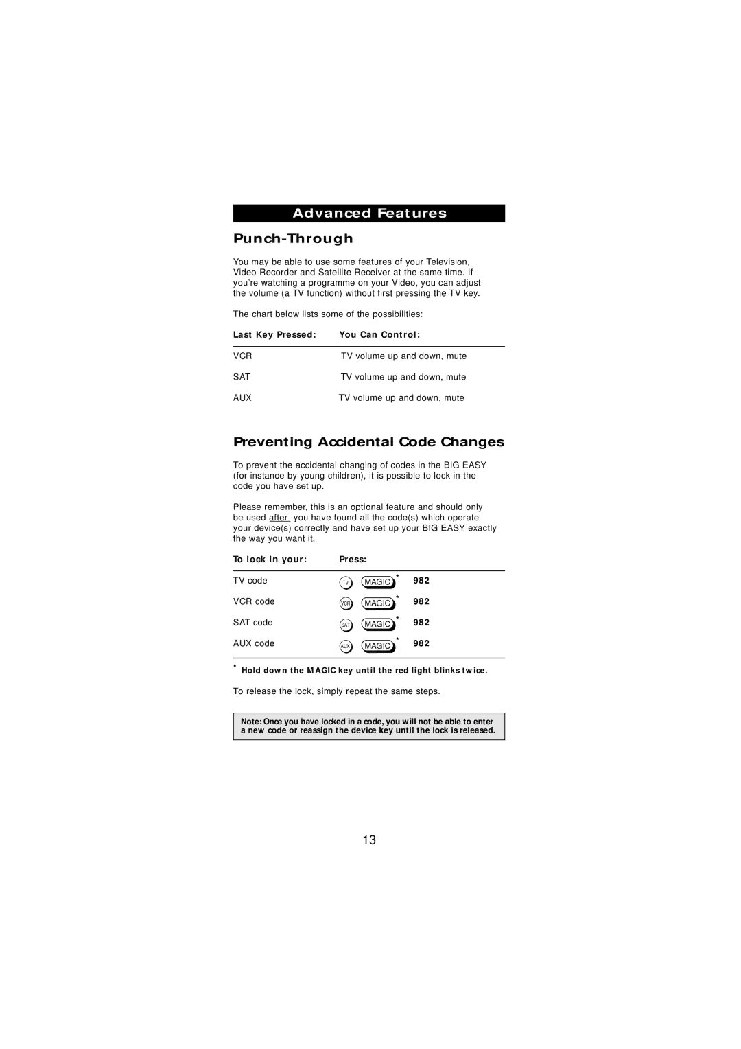 One for All URC-2585 manual Punch-Through, Preventing Accidental Code Changes, Last Key Pressed You Can Control 