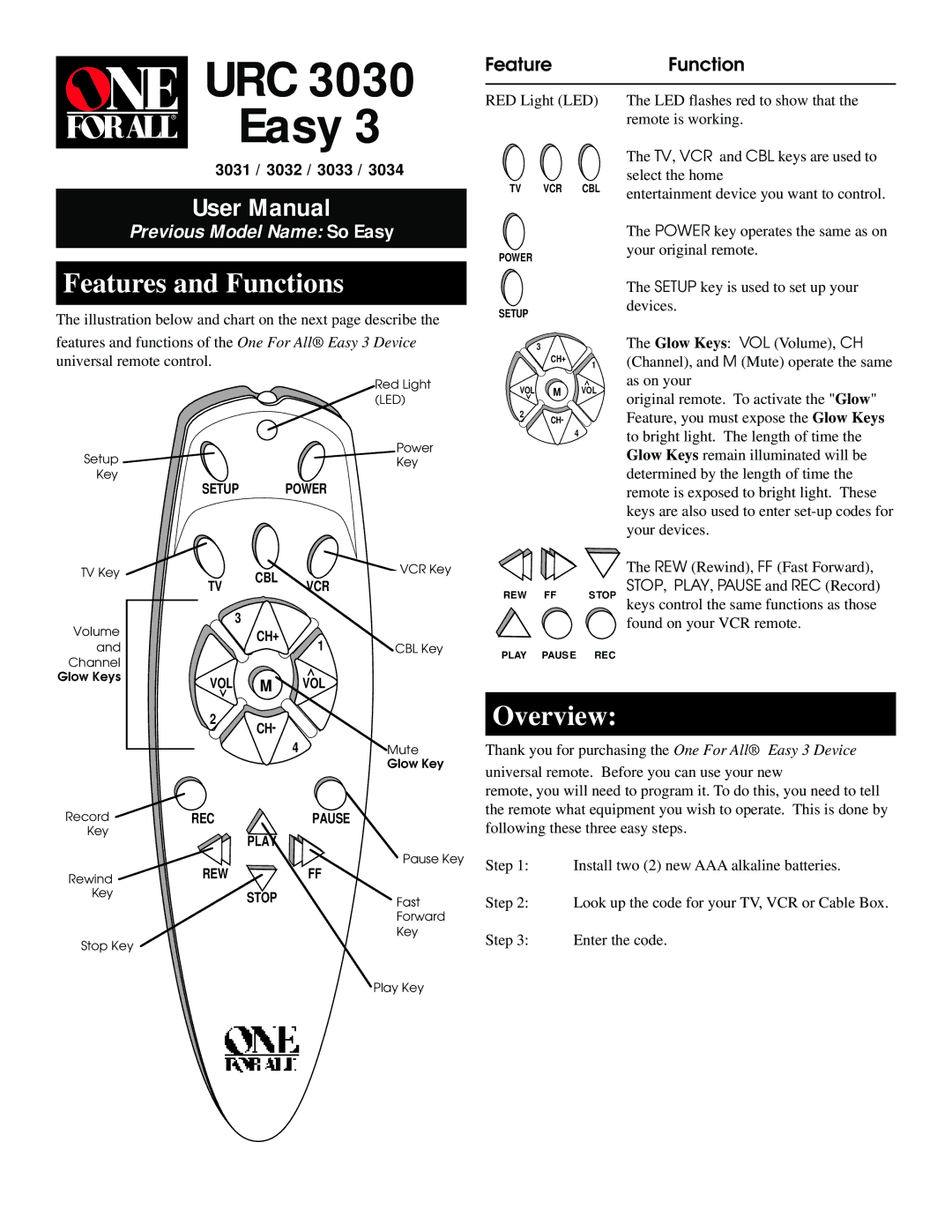 One for All 3033, URC 3030 Easy 3, 3032, 3031, 3034 user manual URC Easy 