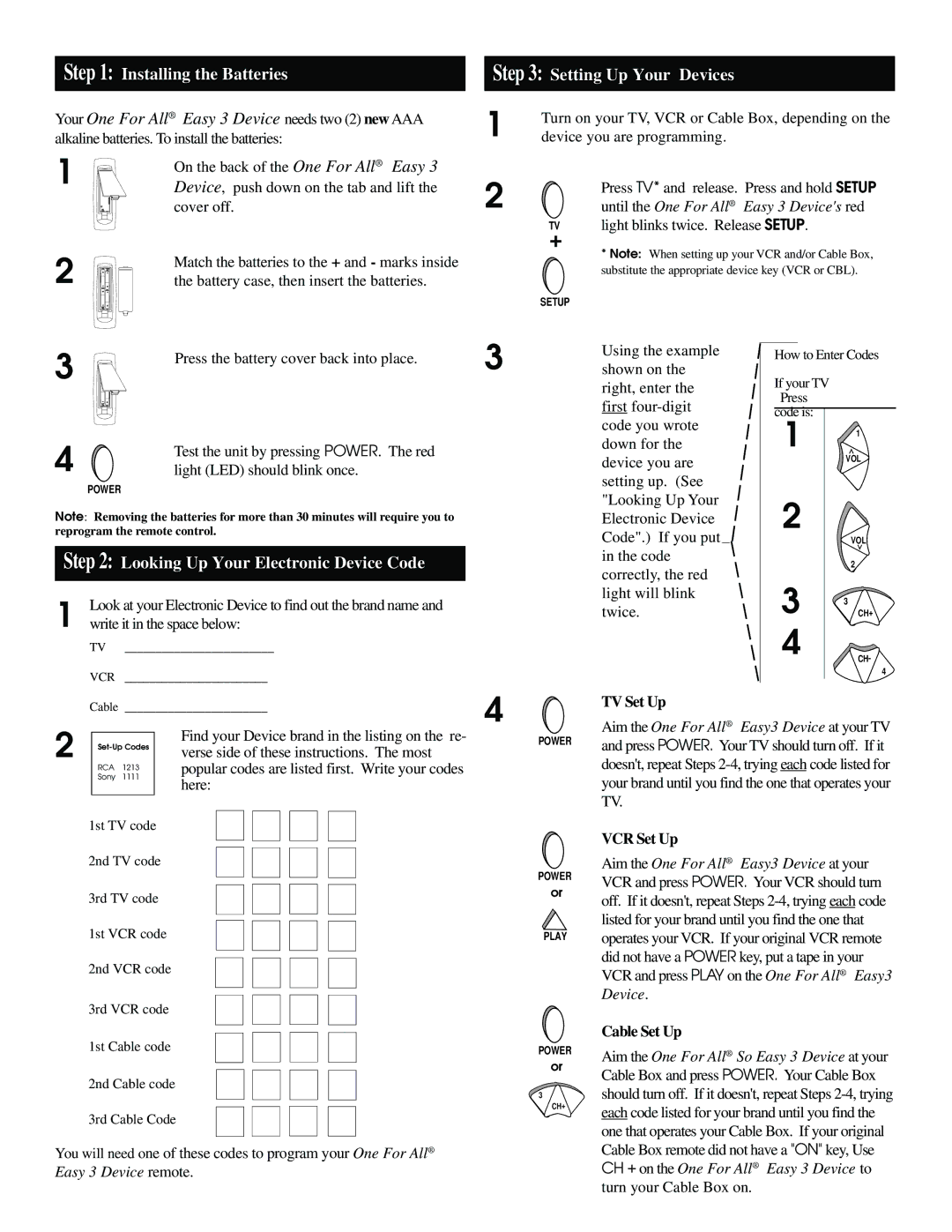 One for All 3032, 3033, 3031, 3034 Installing the Batteries, Setting Up Your Devices, Looking Up Your Electronic Device Code 
