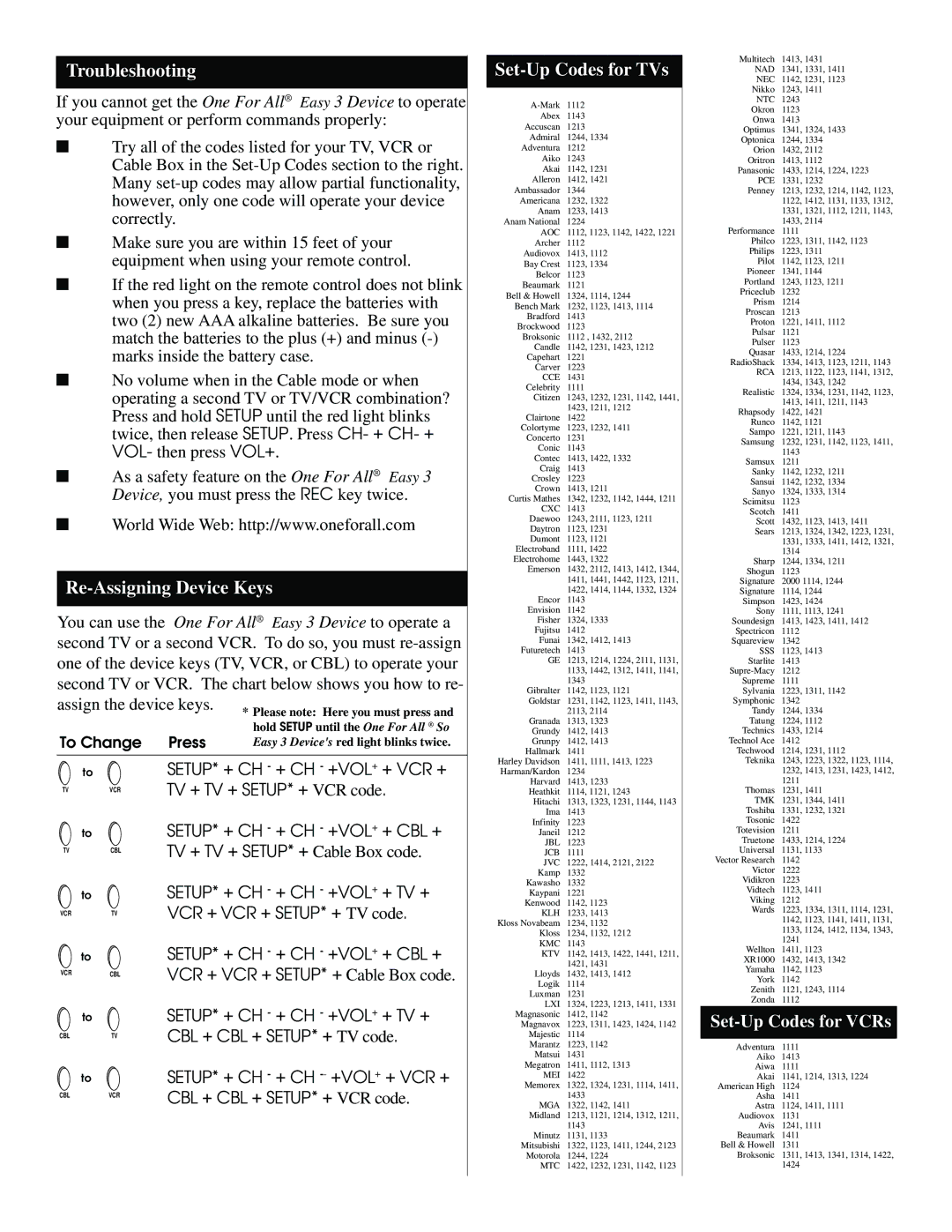 One for All 3031, URC 3030 Easy 3 Troubleshooting, Re-Assigning Device Keys, Set-Up Codes for TVs, Set-Up Codes for VCRs 