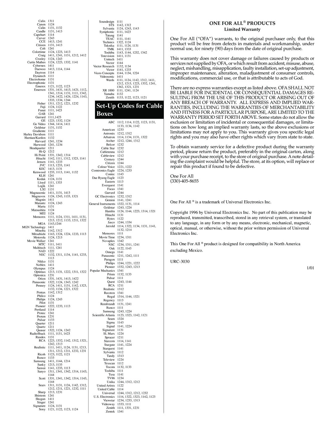 One for All 3034, URC 3030 Easy 3, 3033, 3032, 3031 user manual Set-Up Codes for Cable Boxes 