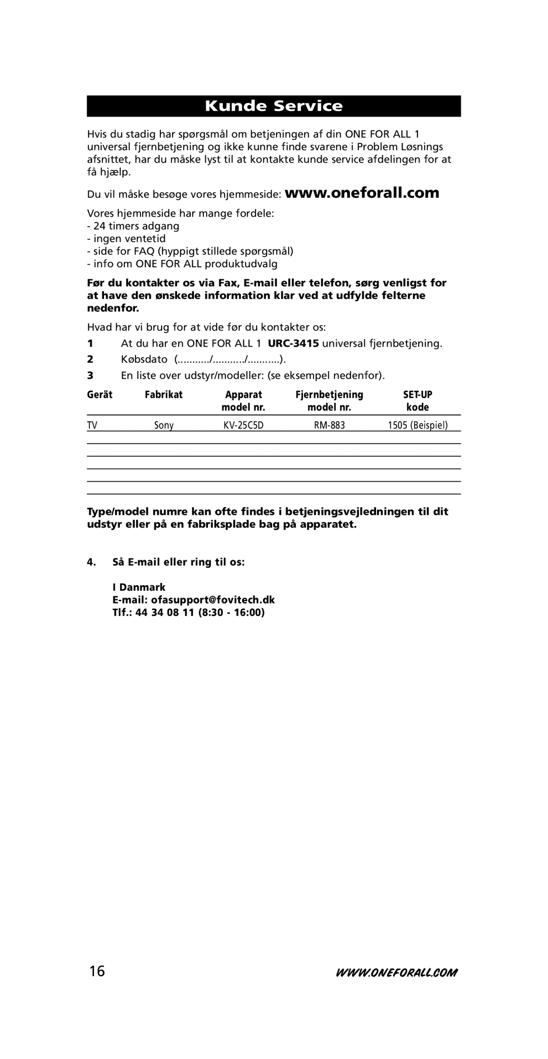 One for All URC-3415, 705016 instruction manual Kunde Service, Gerät 