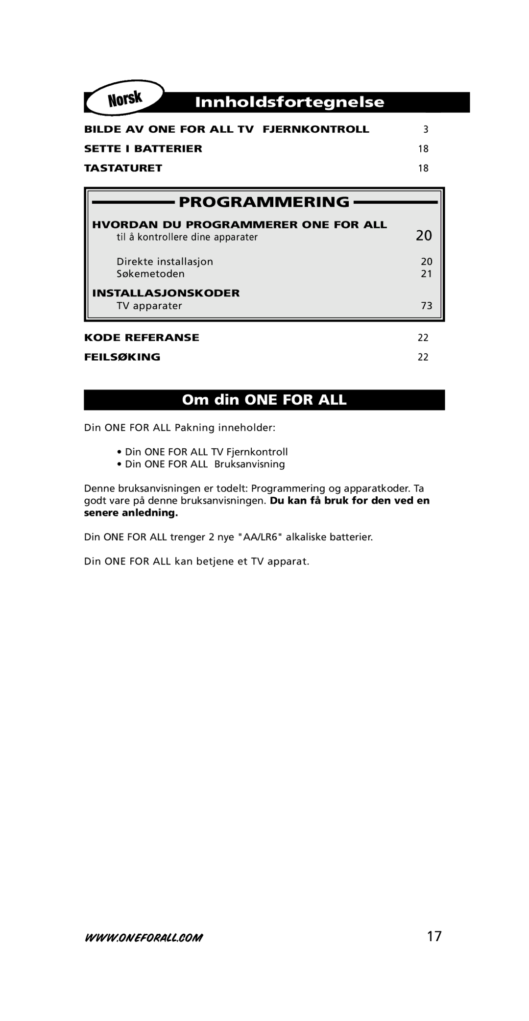 One for All 705016, URC-3415 instruction manual Innholdsfortegnelse, Programmering 