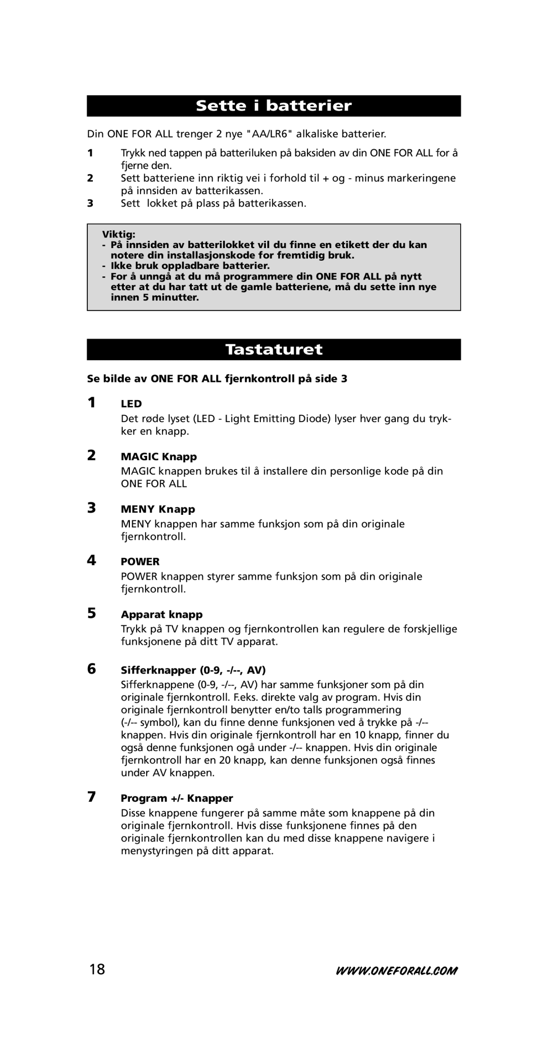 One for All URC-3415, 705016 instruction manual Sette i batterier 