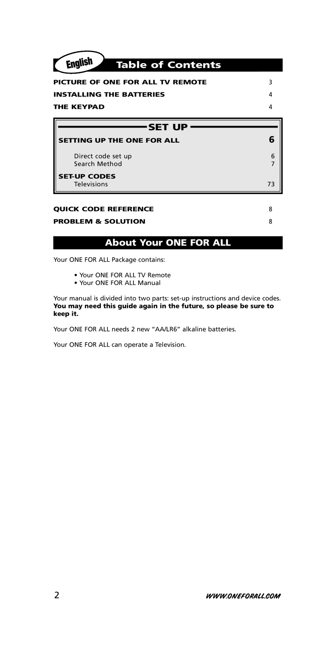 One for All URC-3415, 705016 instruction manual Table of Contents, Set Up, About Your ONE for ALL 