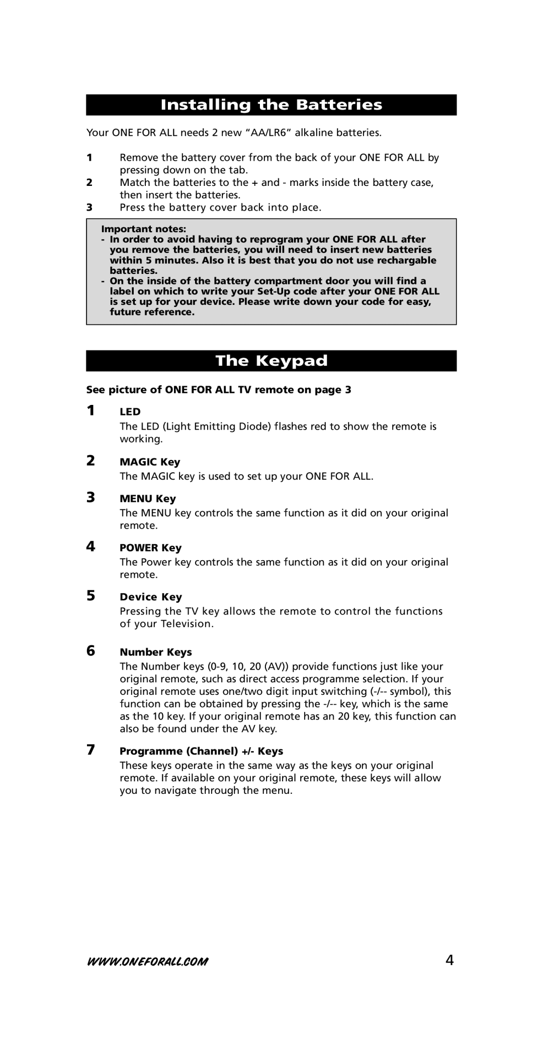 One for All URC-3415, 705016 instruction manual Installing the Batteries, Keypad 