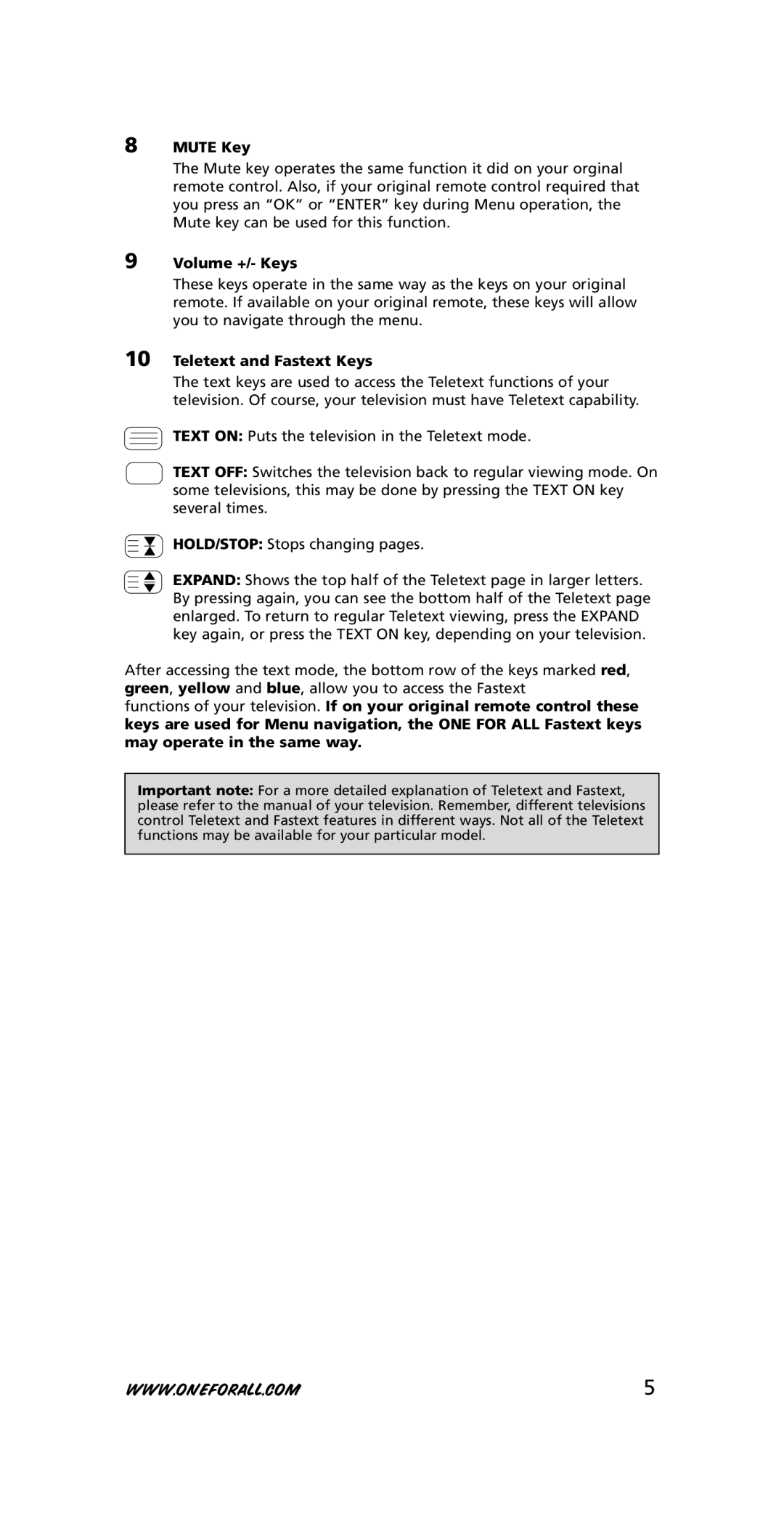 One for All 705016, URC-3415 instruction manual Mute Key, Volume +/- Keys, Teletext and Fastext Keys 