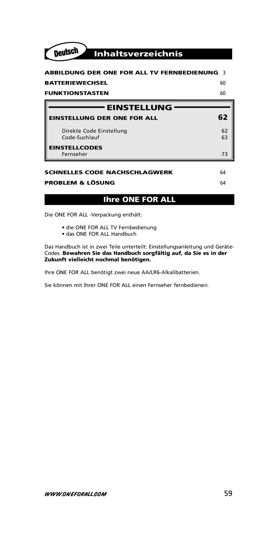 One for All 705016, URC-3415 instruction manual Inhaltsverzeichnis, Einstellung, Ihre ONE for ALL 