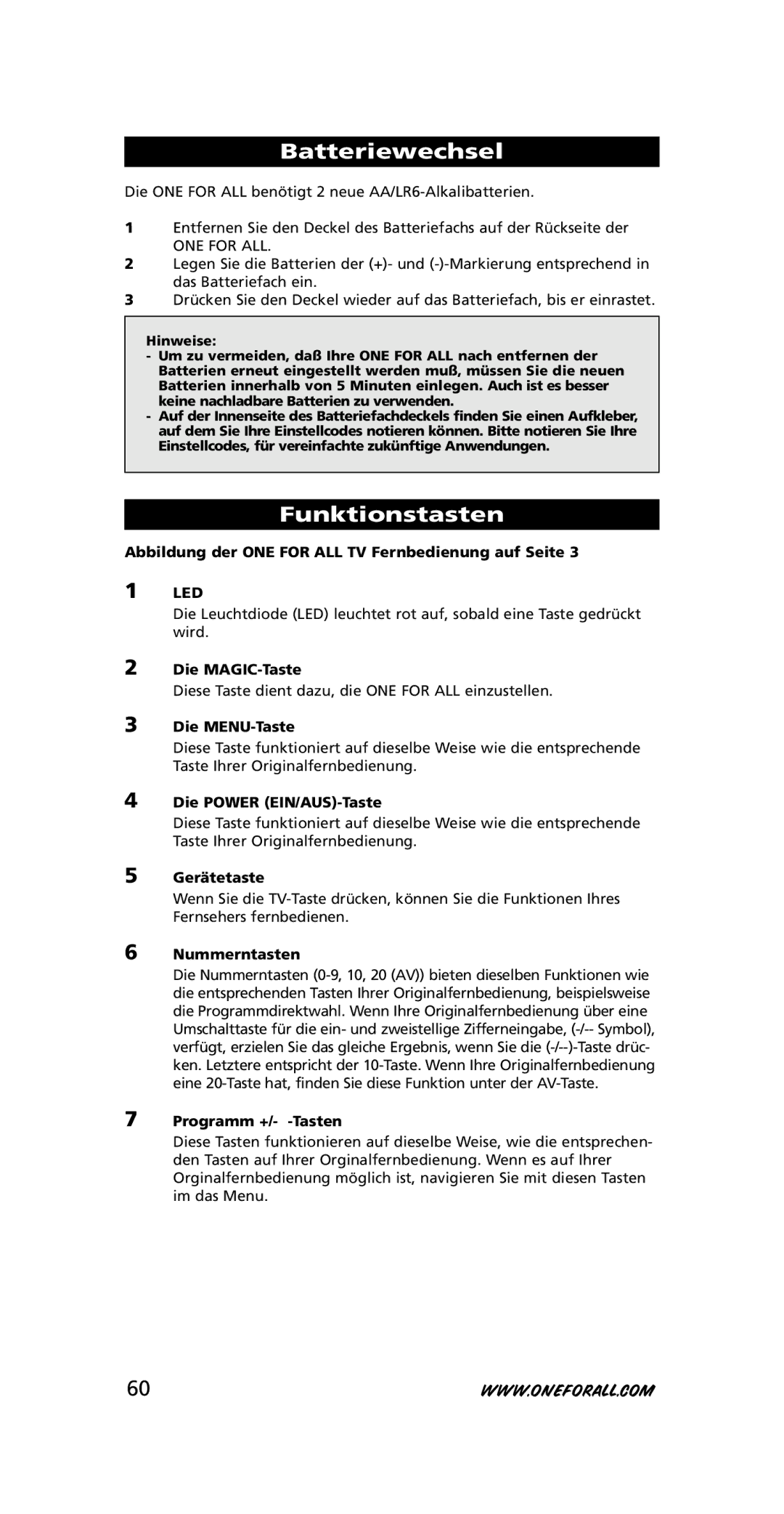 One for All URC-3415, 705016 instruction manual Batteriewechsel, Funktionstasten 