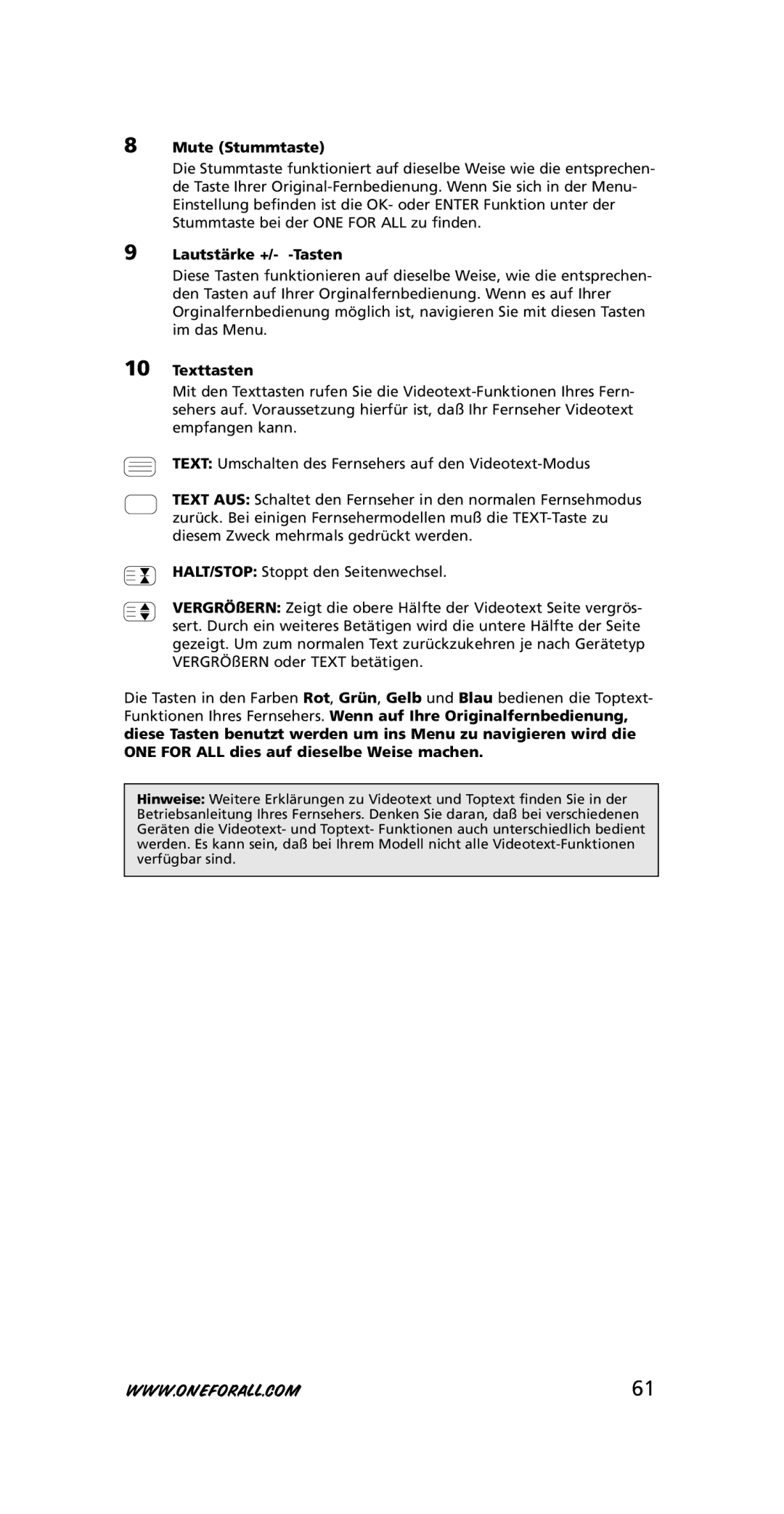 One for All 705016, URC-3415 instruction manual Mute Stummtaste, Lautstärke +/- -Tasten, Texttasten 
