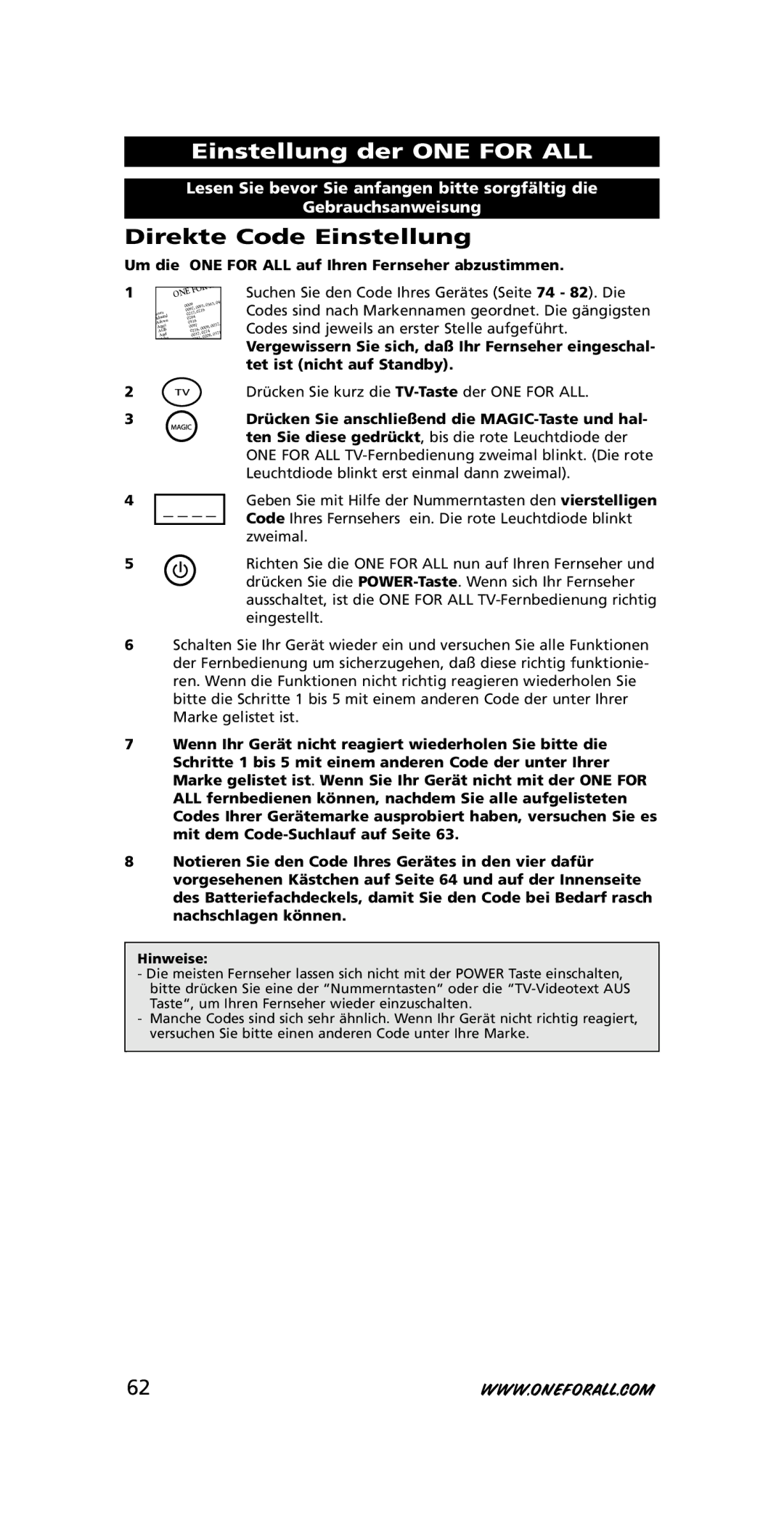 One for All URC-3415, 705016 instruction manual Einstellung der ONE for ALL, Direkte Code Einstellung 