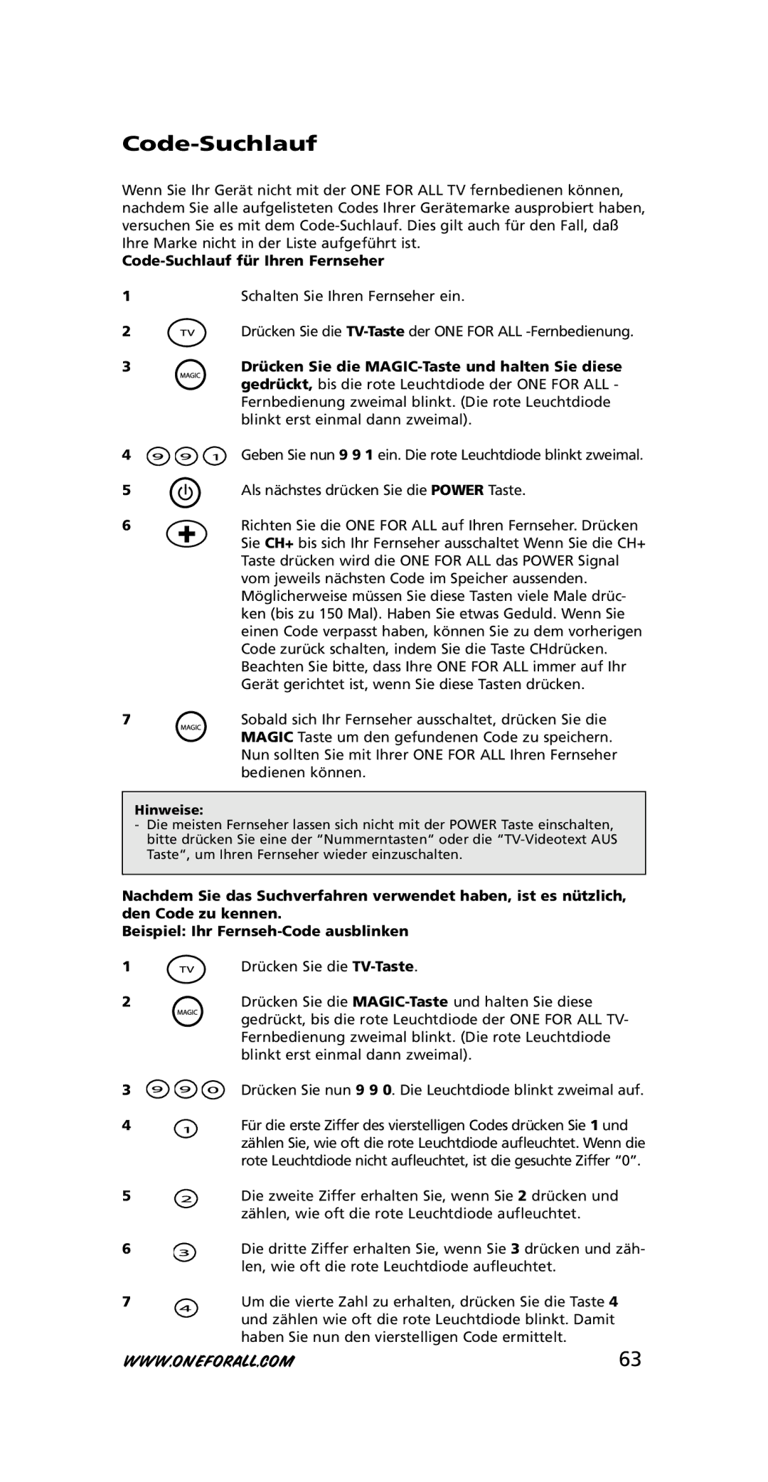 One for All 705016, URC-3415 instruction manual Code-Suchlauf für Ihren Fernseher 