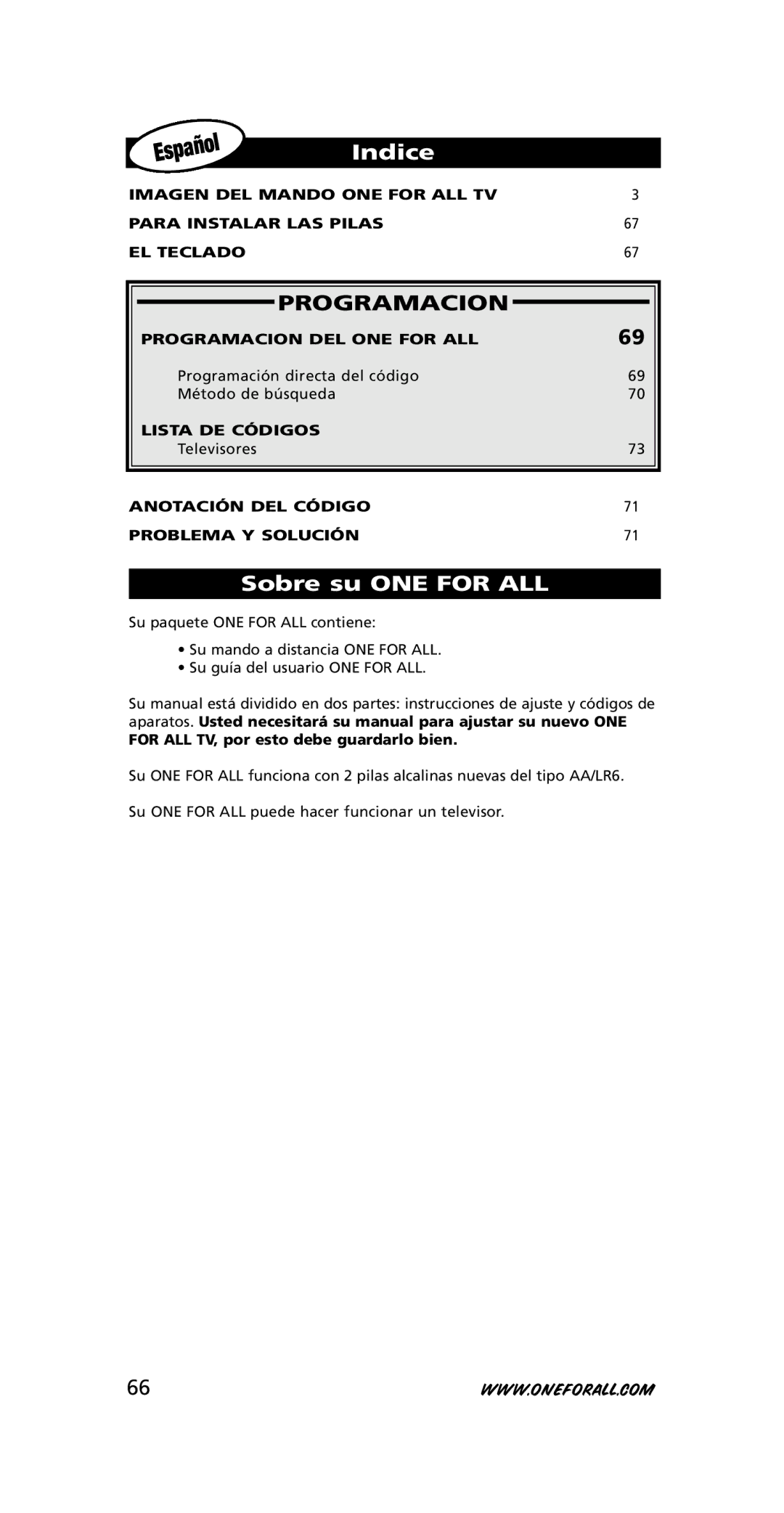 One for All URC-3415, 705016 instruction manual Indice, Programacion, Sobre su ONE for ALL 