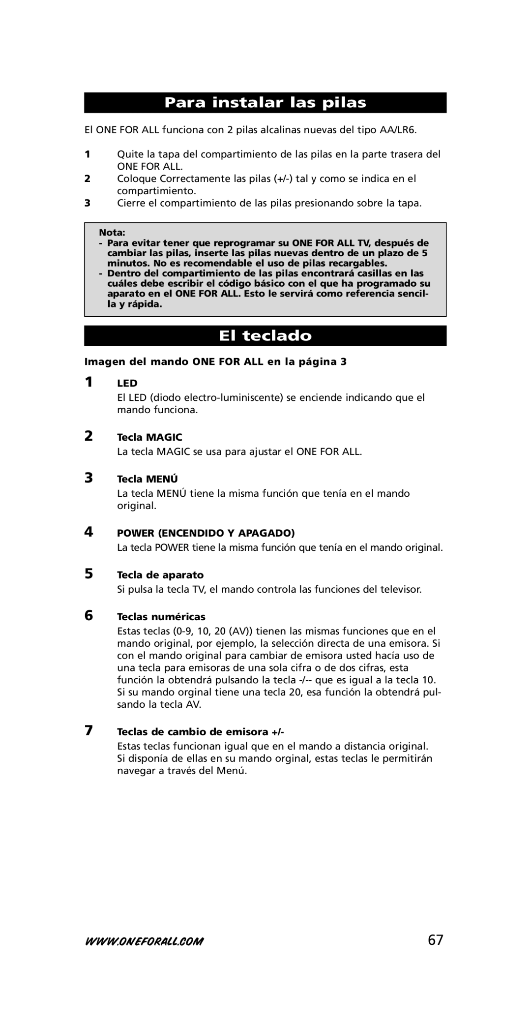 One for All 705016, URC-3415 instruction manual Para instalar las pilas, El teclado 