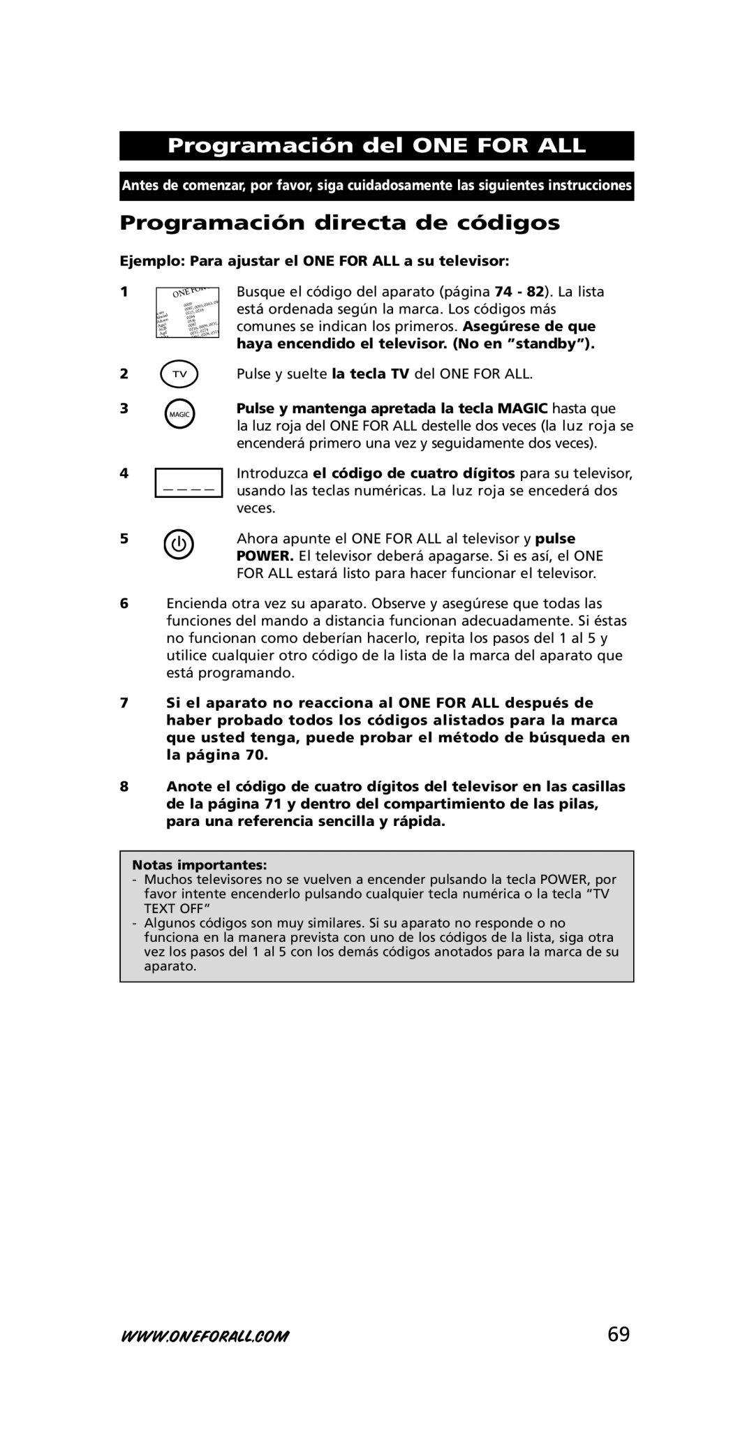 One for All 705016, URC-3415 instruction manual Programación del ONE for ALL, Programación directa de códigos, Text OFF 