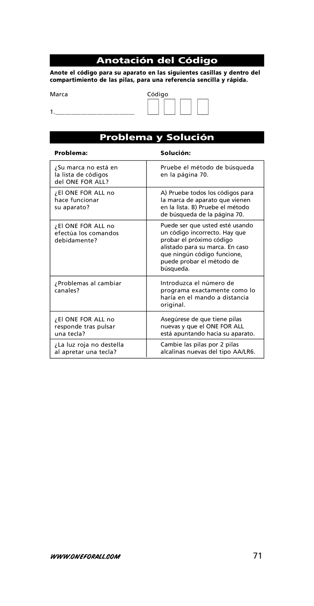 One for All 705016, URC-3415 instruction manual Anotación del Código, Problema y Solución, Problema Solución 