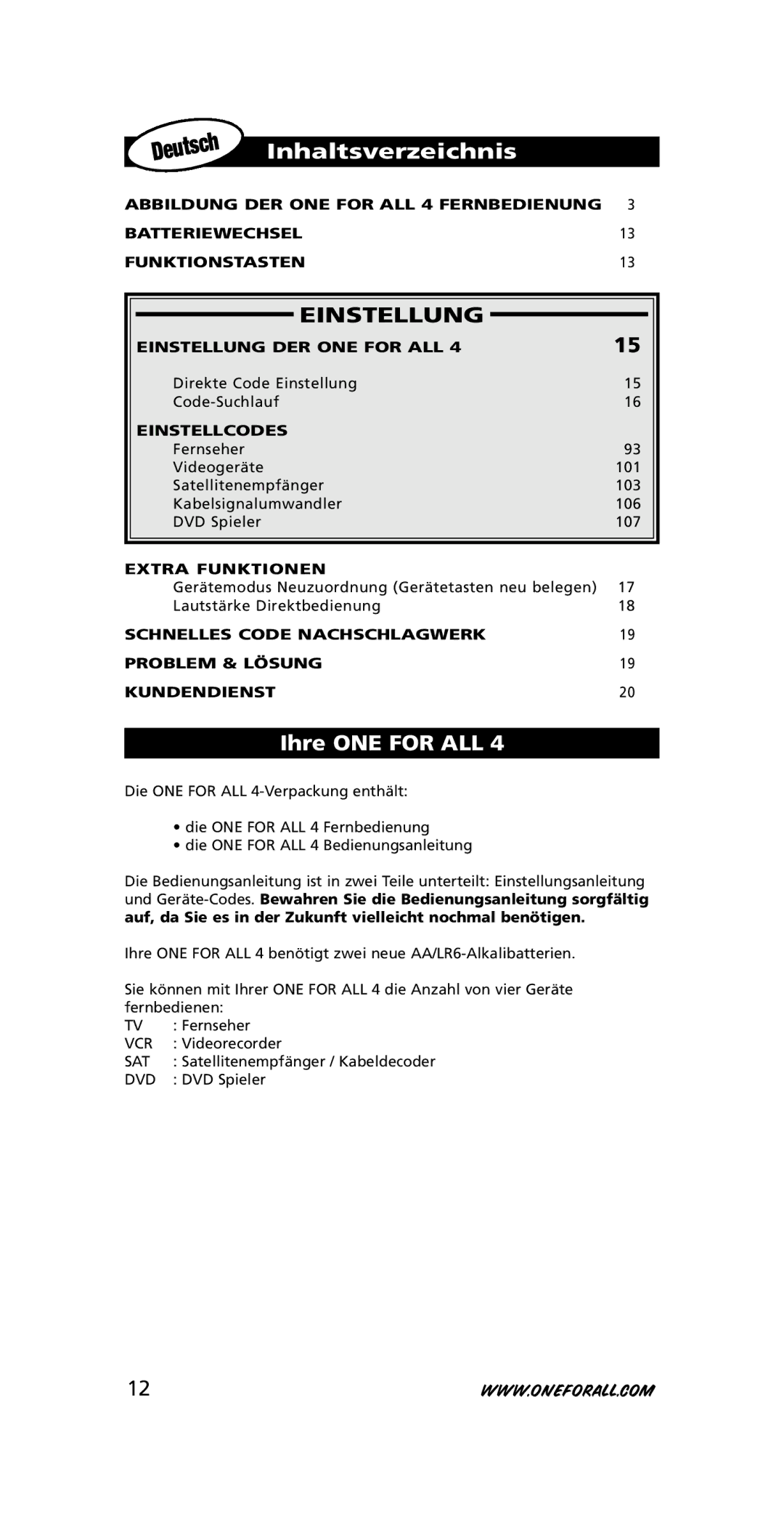 One for All URC-3445 instruction manual Inhaltsverzeichnis, Einstellung, Ihre ONE for ALL 