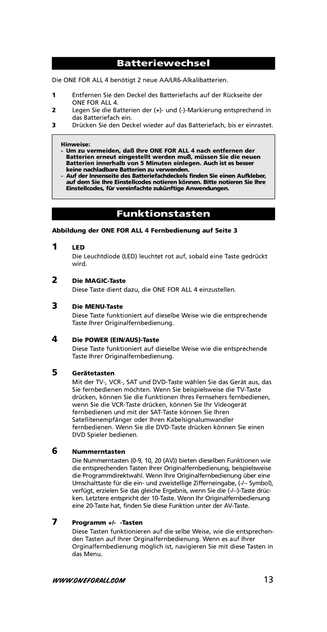 One for All URC-3445 instruction manual Batteriewechsel, Funktionstasten 