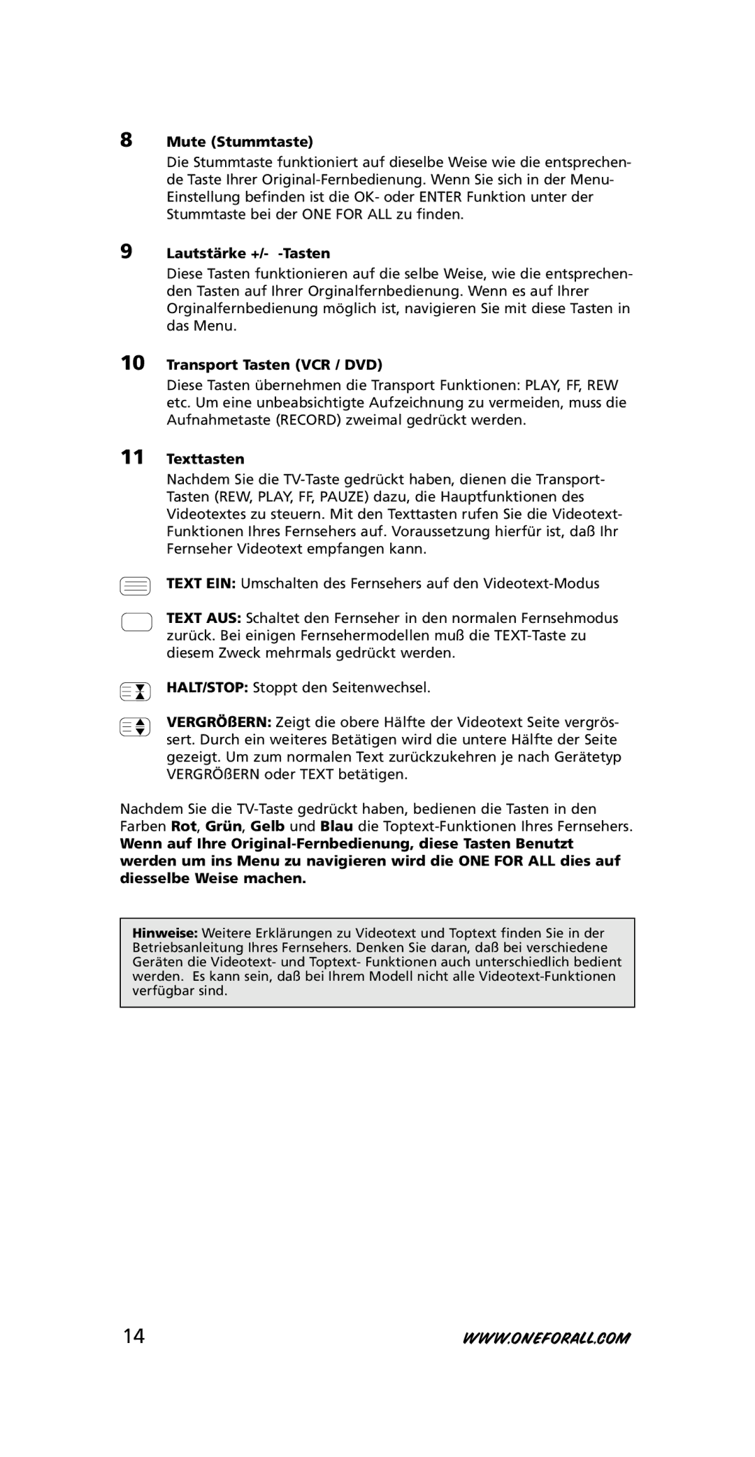 One for All URC-3445 instruction manual Mute Stummtaste, Lautstärke +/- -Tasten, Transport Tasten VCR / DVD, Texttasten 