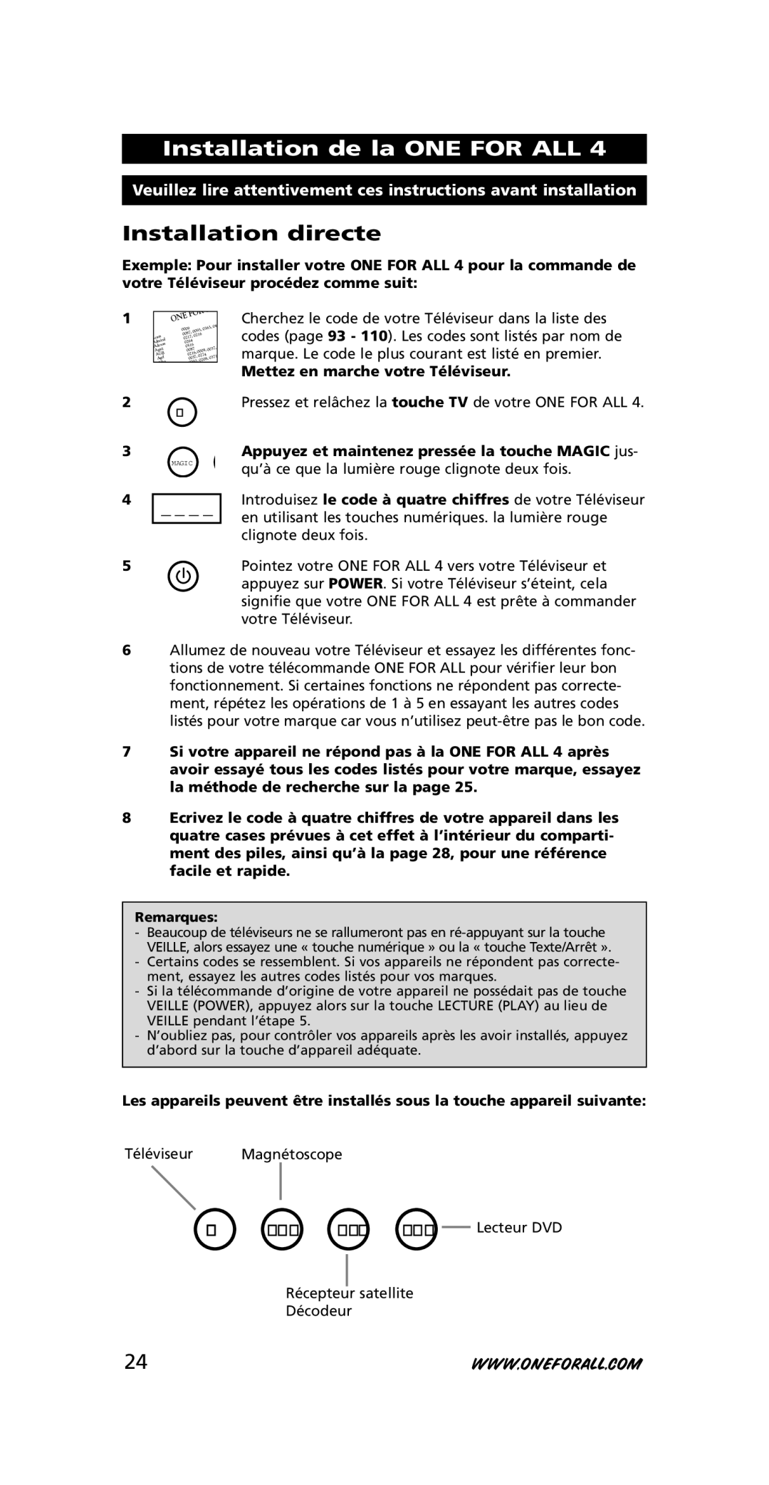 One for All URC-3445 Installation de la ONE for ALL, Installation directe, Mettez en marche votre Téléviseur 