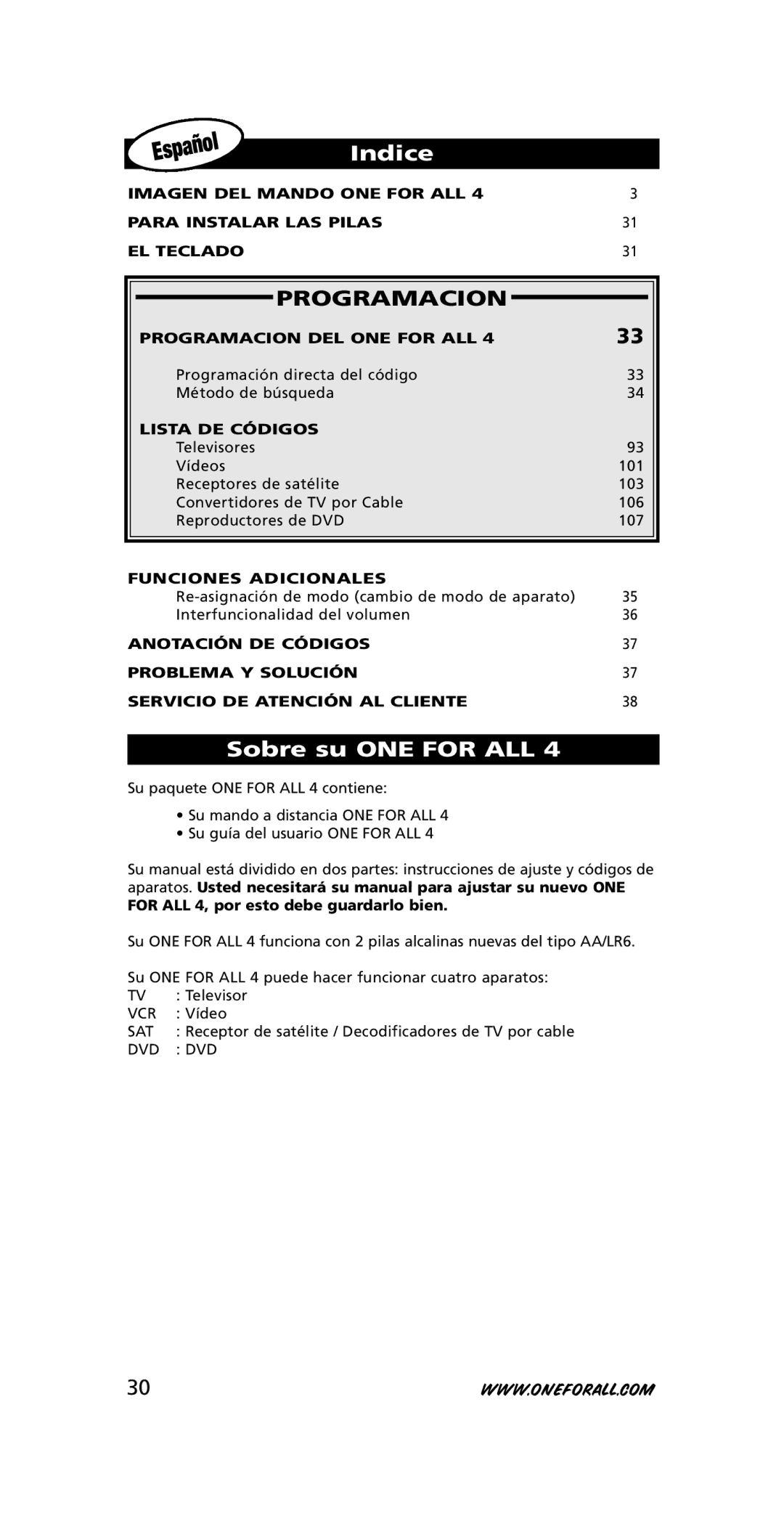 One for All URC-3445 instruction manual Indice, Programacion, Sobre su ONE for ALL 