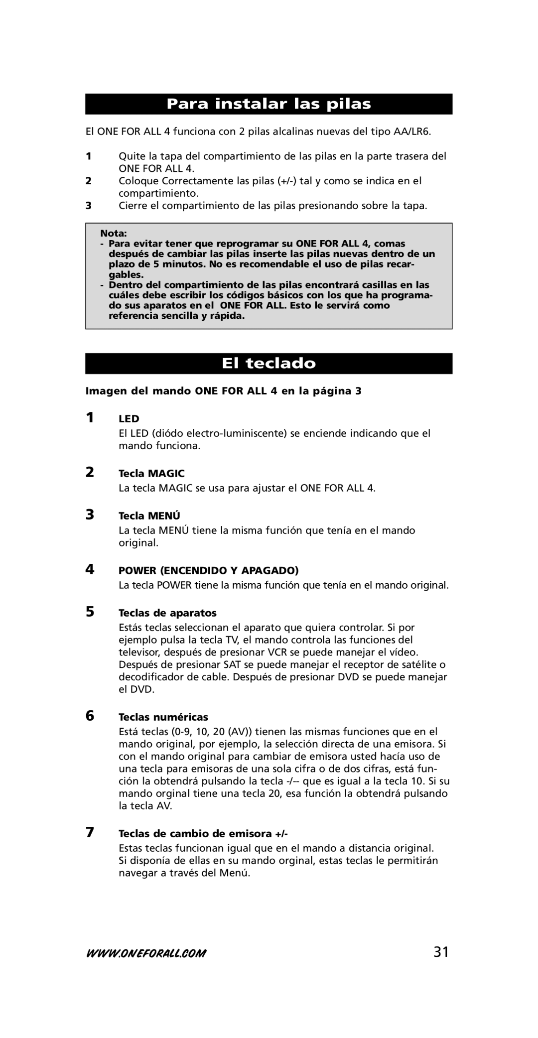 One for All URC-3445 instruction manual Para instalar las pilas, El teclado, Power Encendido Y Apagado 