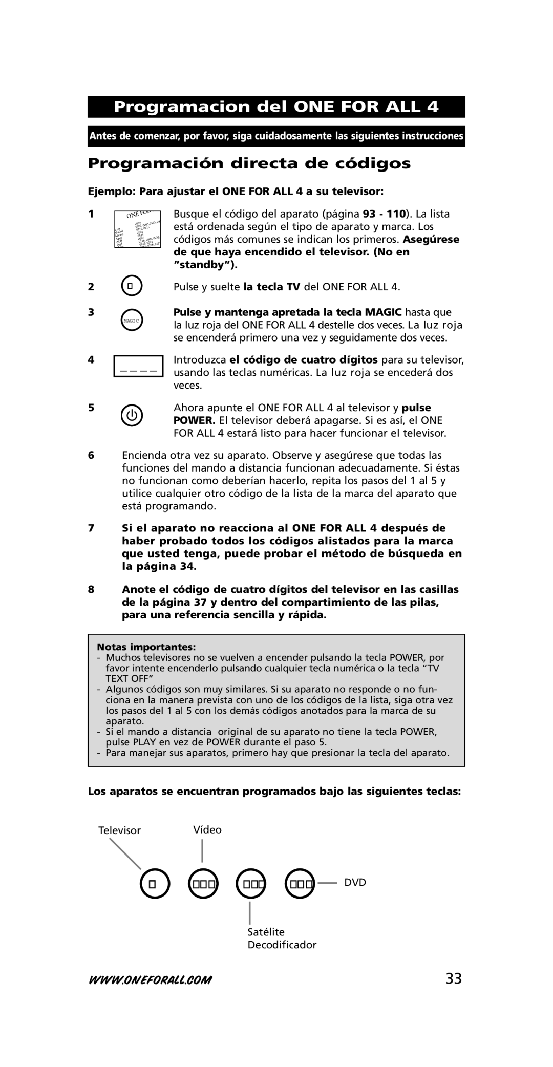 One for All URC-3445 instruction manual Programacion del ONE for ALL, Programación directa de códigos 