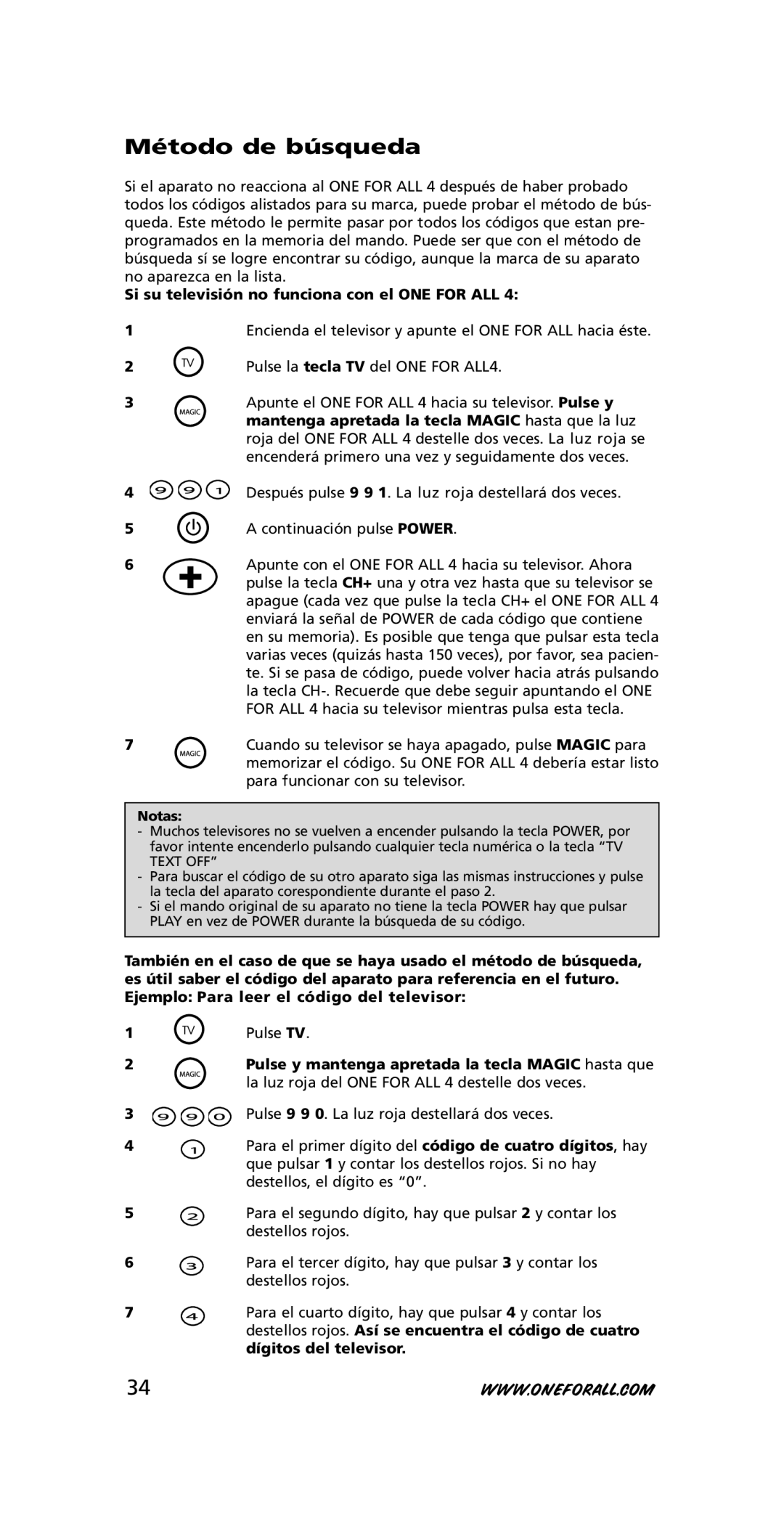 One for All URC-3445 Método de búsqueda, Si su televisión no funciona con el ONE for ALL, Notas, Dígitos del televisor 
